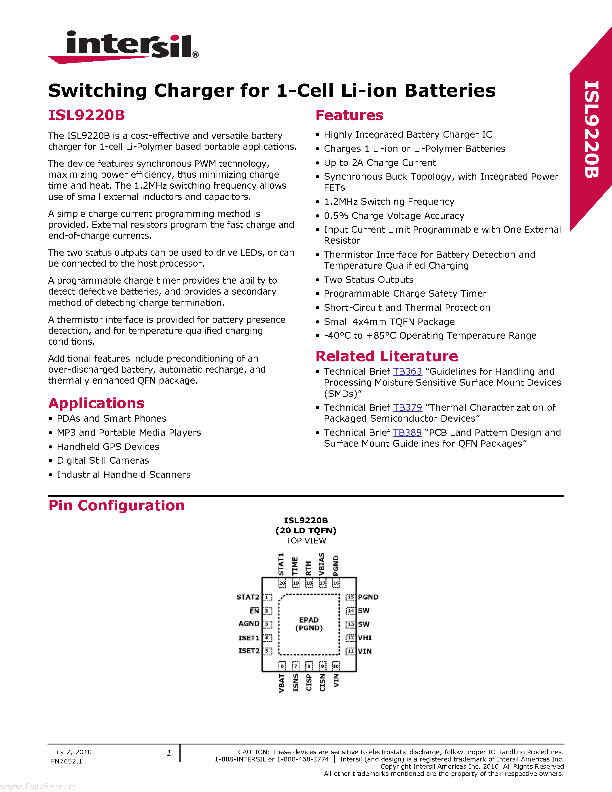 Datasheet ISL9220B - Switching Charger page 1