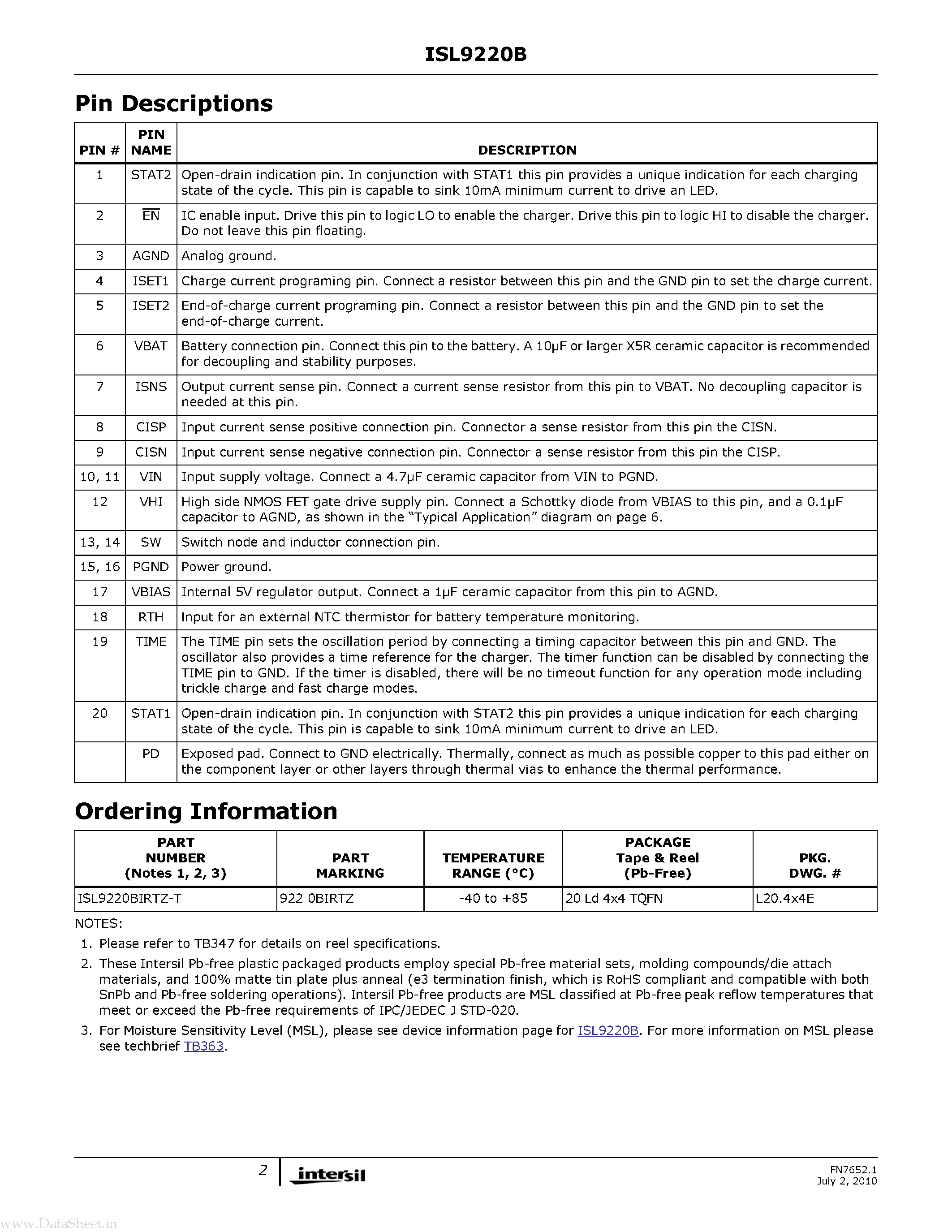 Datasheet ISL9220B - Switching Charger page 2