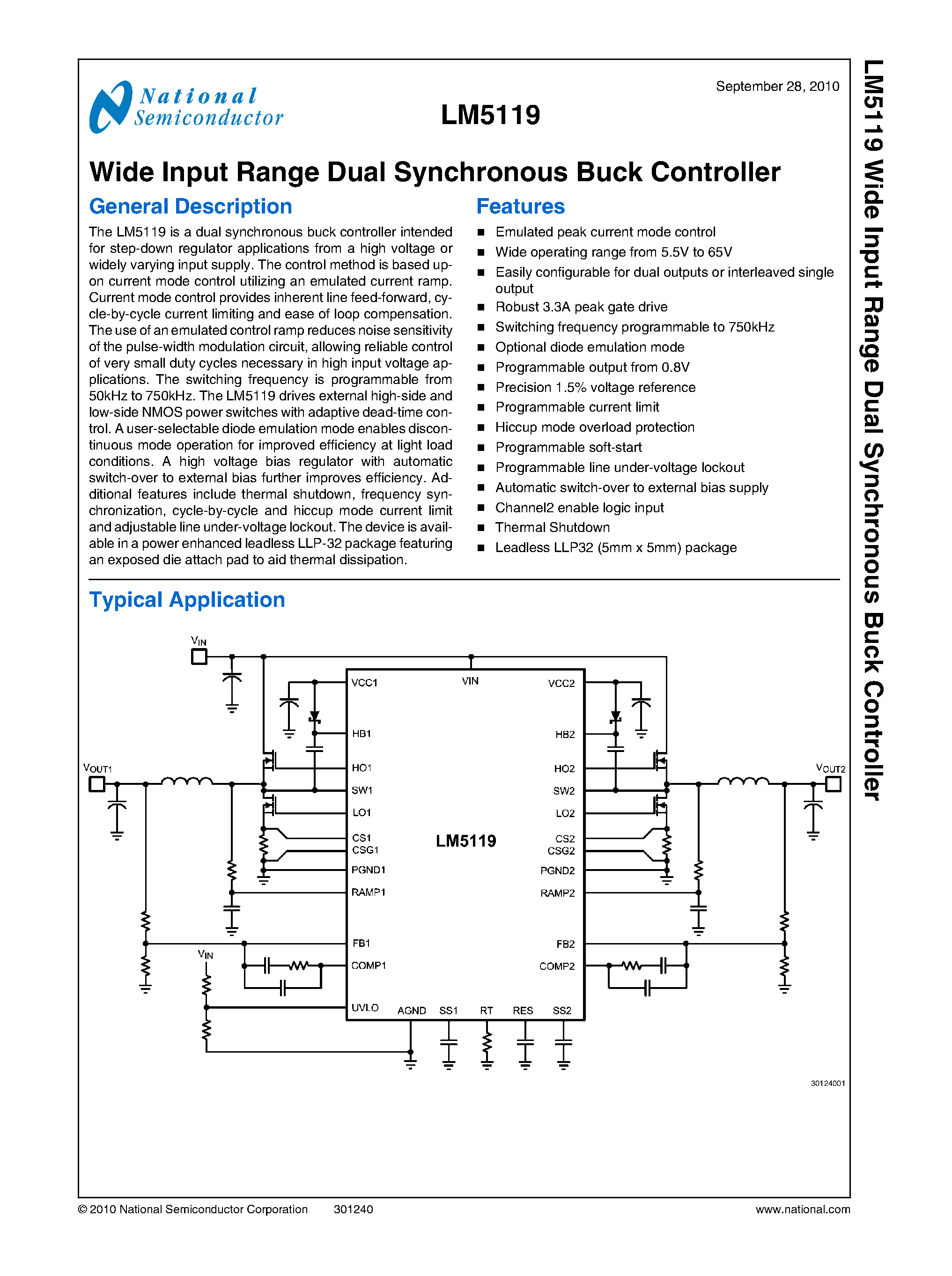Datasheet LM5119 - Wide Input Range Dual Synchronous Buck Controller page 1
