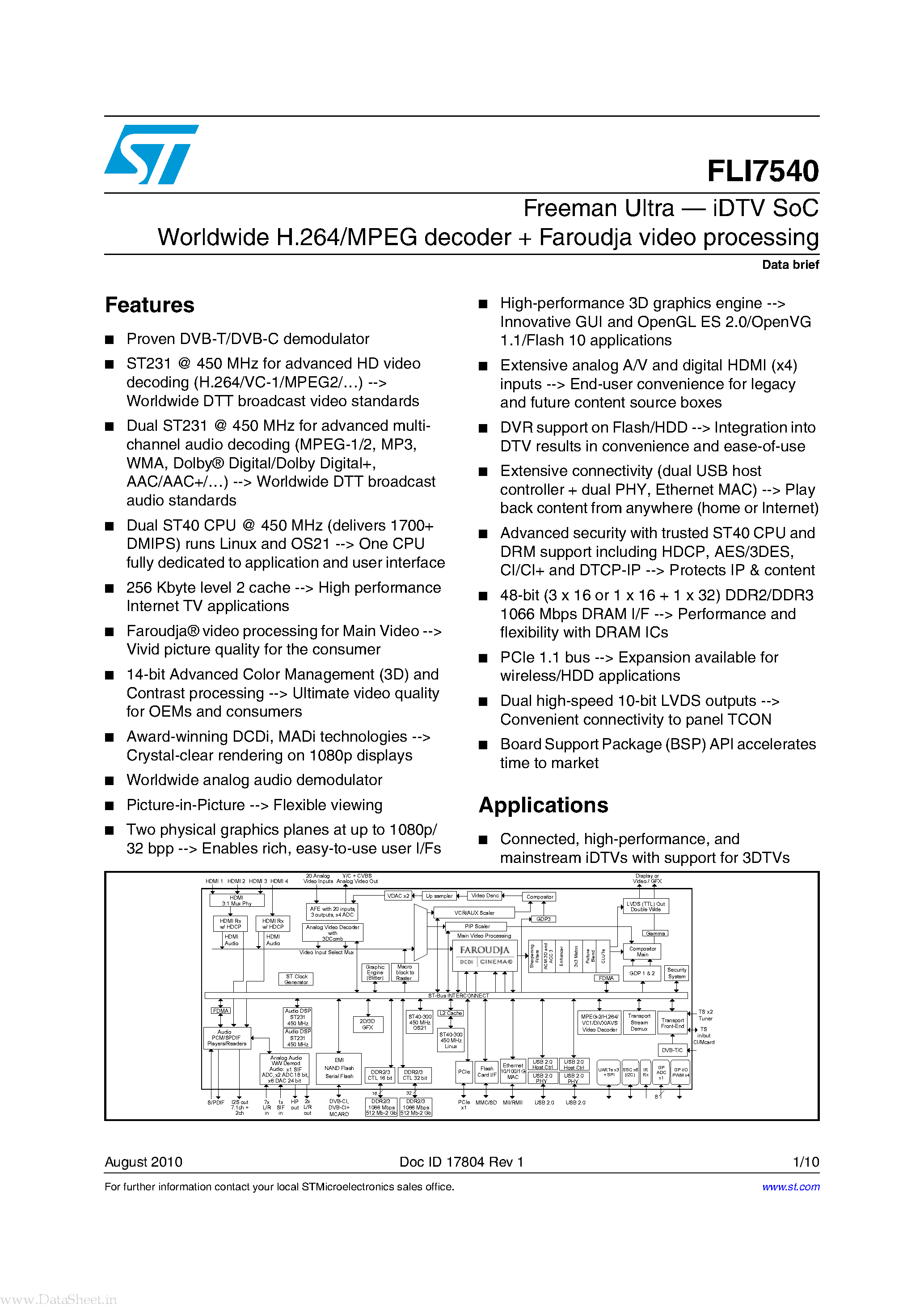 Даташит FLI7540 - iDTV SoC Worldwide H.264/MPEG decoder + Faroudja video processing страница 1