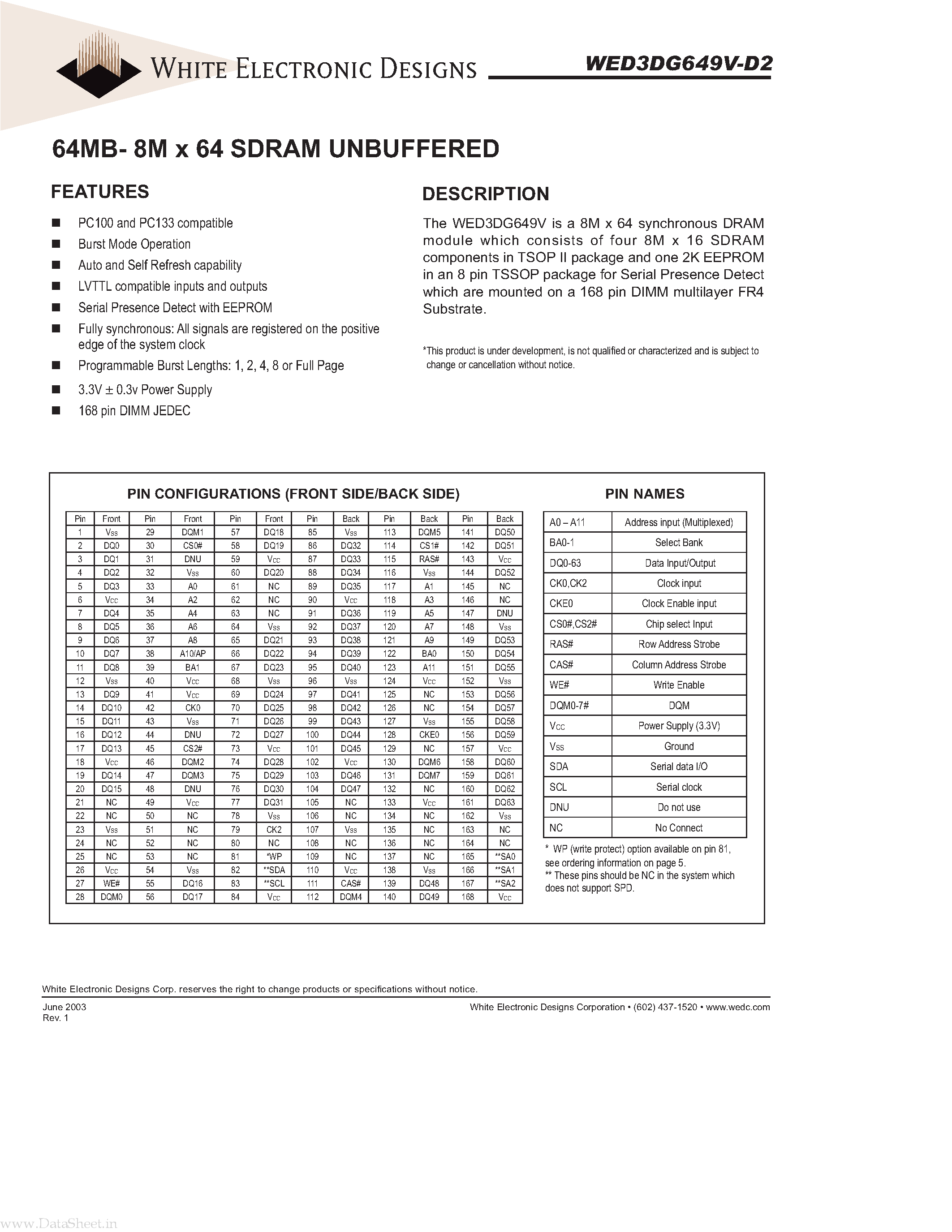 Datasheet WED3DG649V-D2 - 64MB- 8M x 64 SDRAM UNBUFFERED page 1