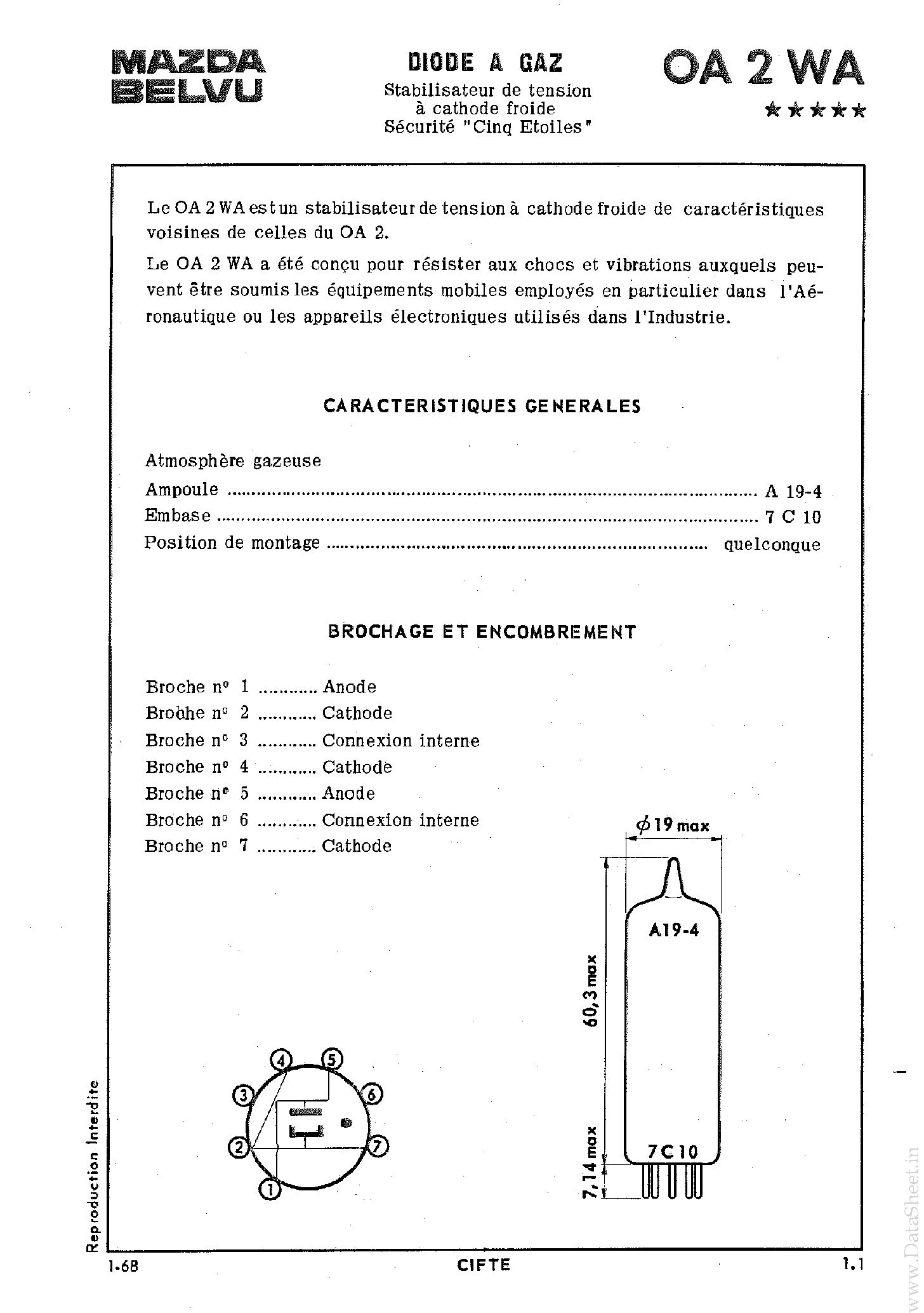 Даташит 0A2WA - Diode a Gaz страница 1