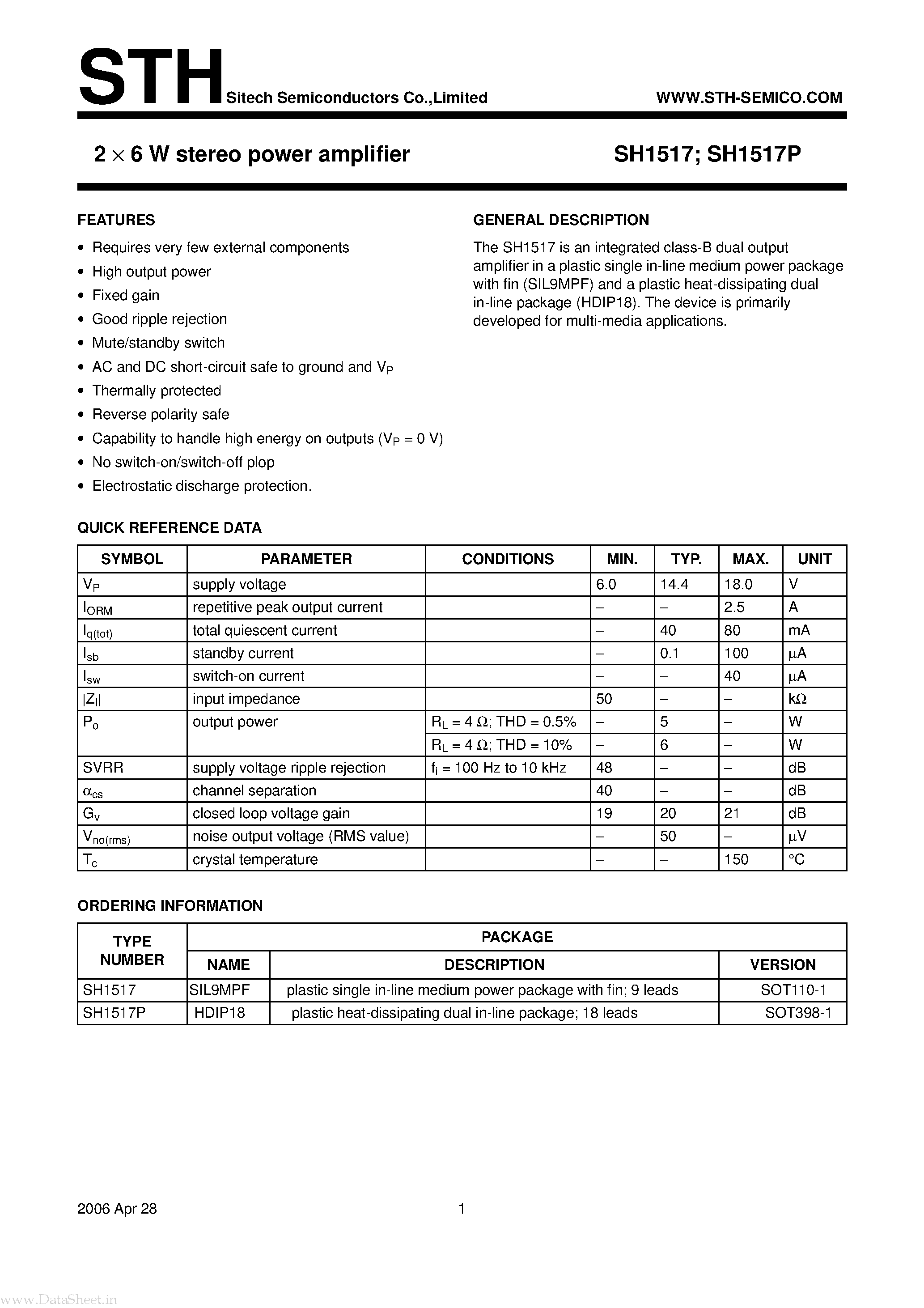Даташит SH1517 - 2 X 6W Stereo Power Amplifier страница 1