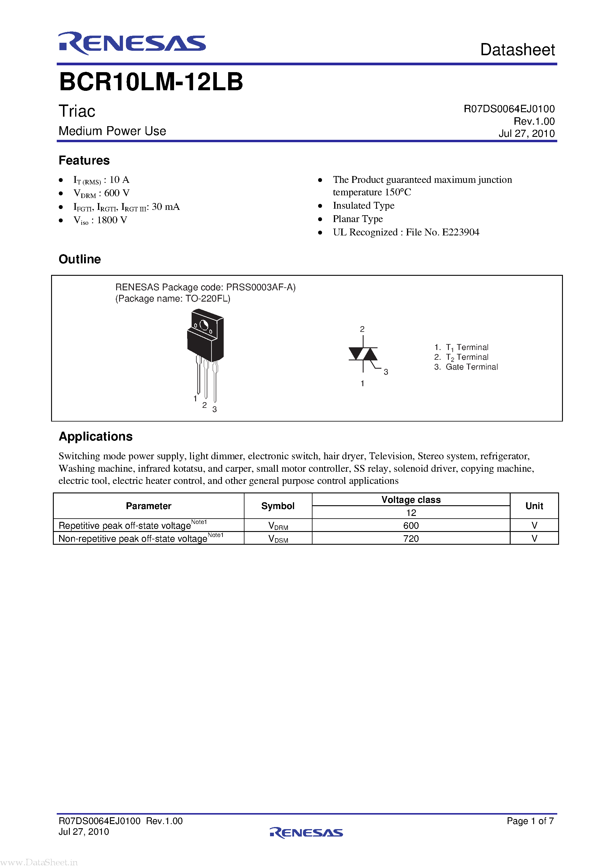 Datasheet BCR10LM-12LB - Triac page 1