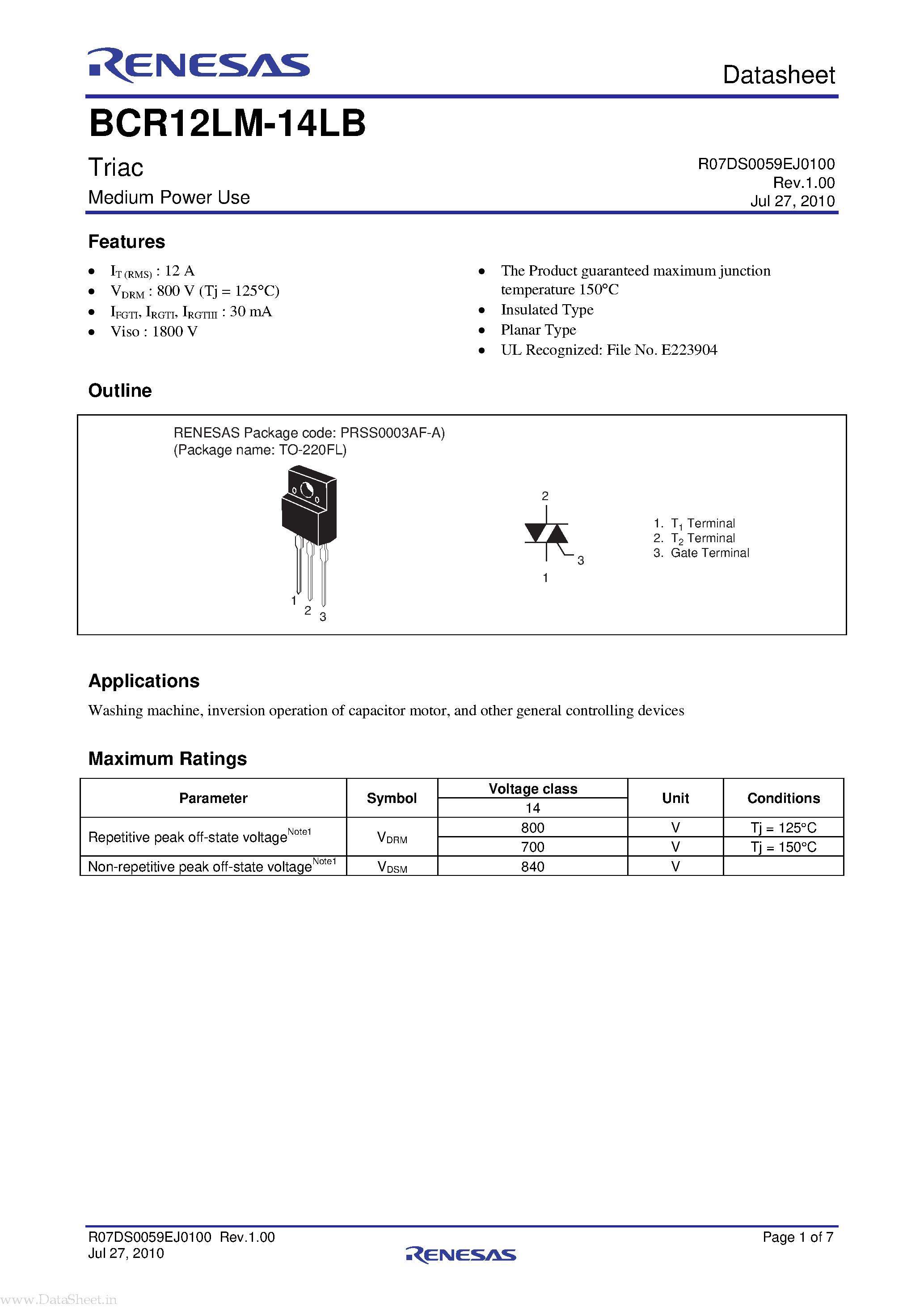 Datasheet BCR12LM-14LB - Triac page 1