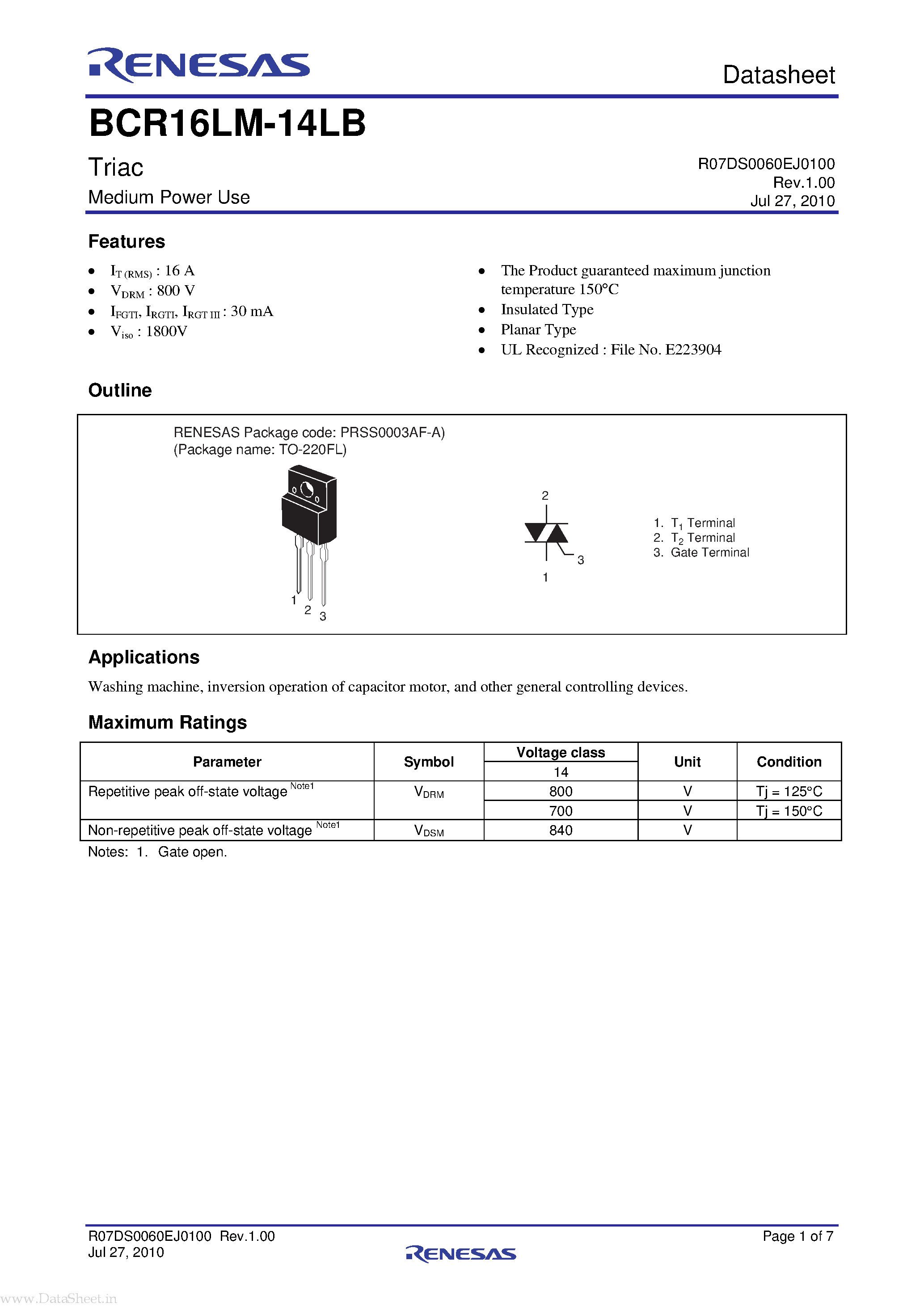 Даташит BCR16LM-14LB - Triac страница 1