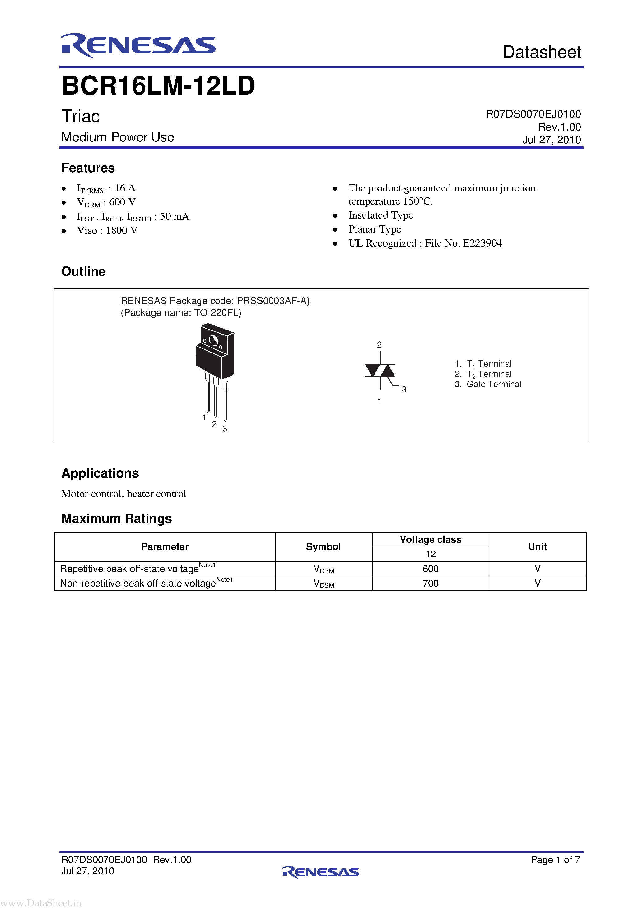 Даташит BCR16LM-12LB - Triac страница 1