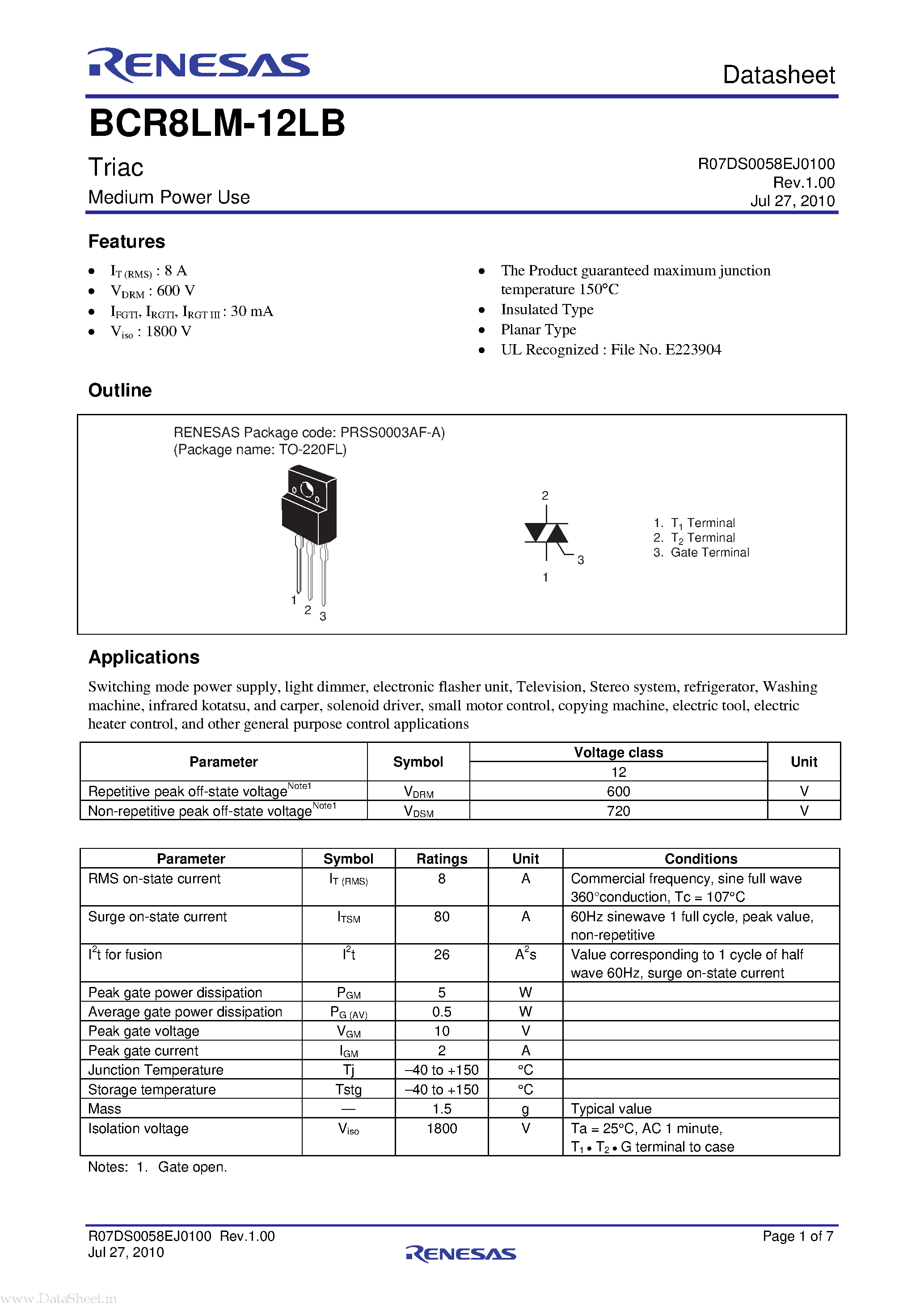 Даташит BCR8LM-12LB - Triac страница 1