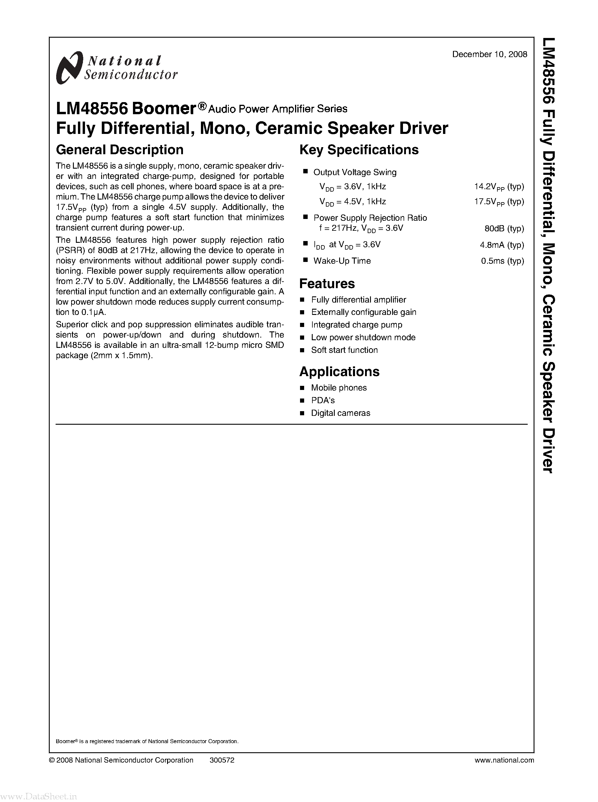 Даташит LM48556 - Ceramic Speaker Driver страница 1