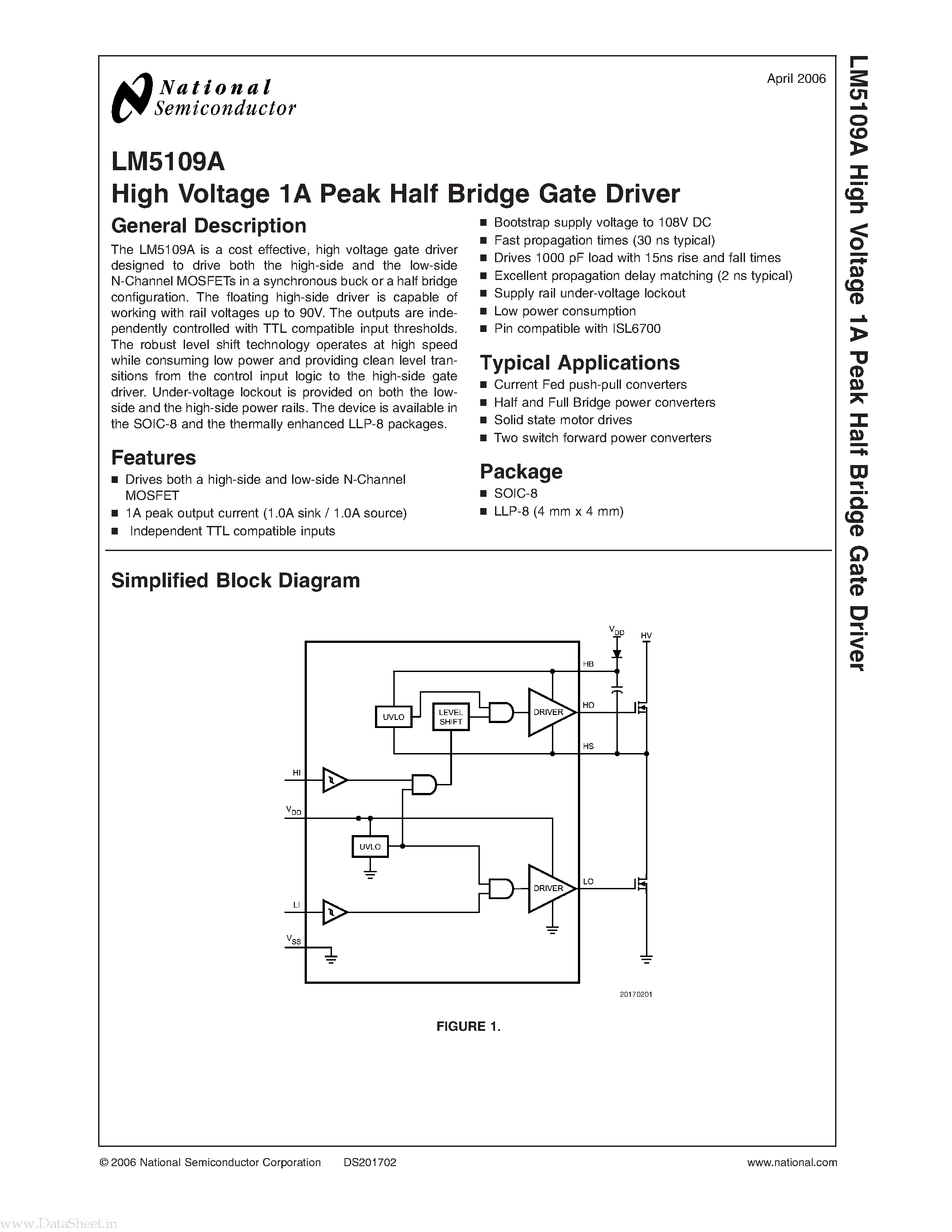 Даташит LM5109A - High Voltage 1A Peak Half Bridge Gate Driver страница 1