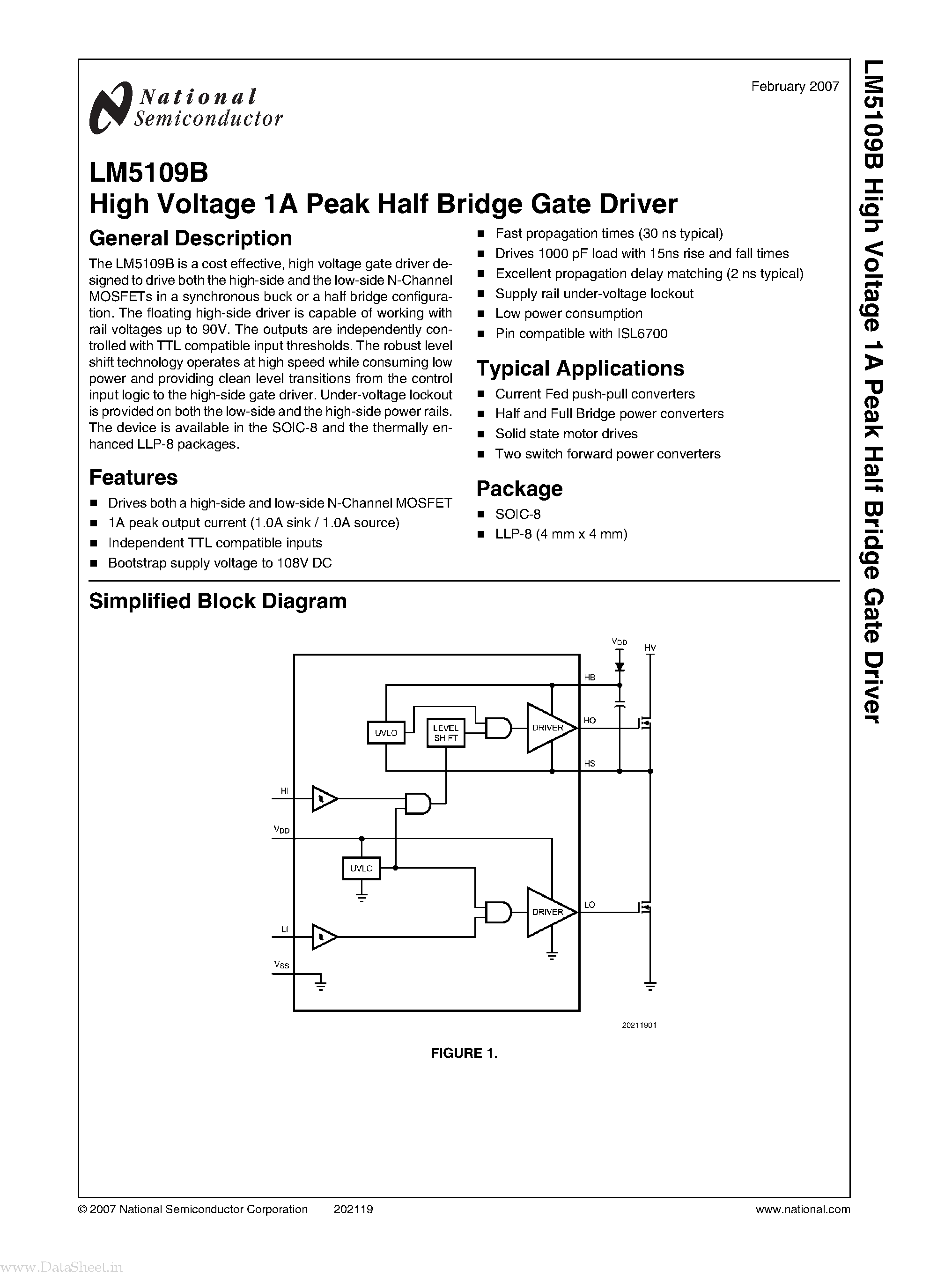 Даташит LM5109B - High Voltage 1A Peak Half Bridge Gate Driver страница 1