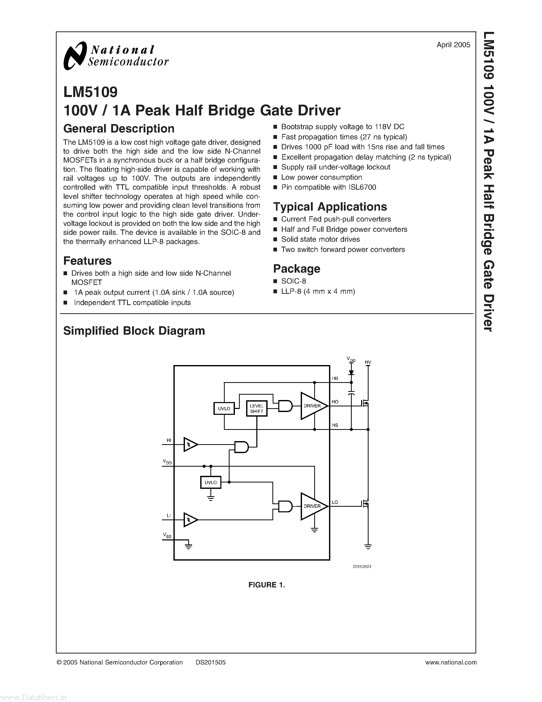 Datasheet LM5109 - 100V / 1A Peak Half Bridge Gate Driver page 1