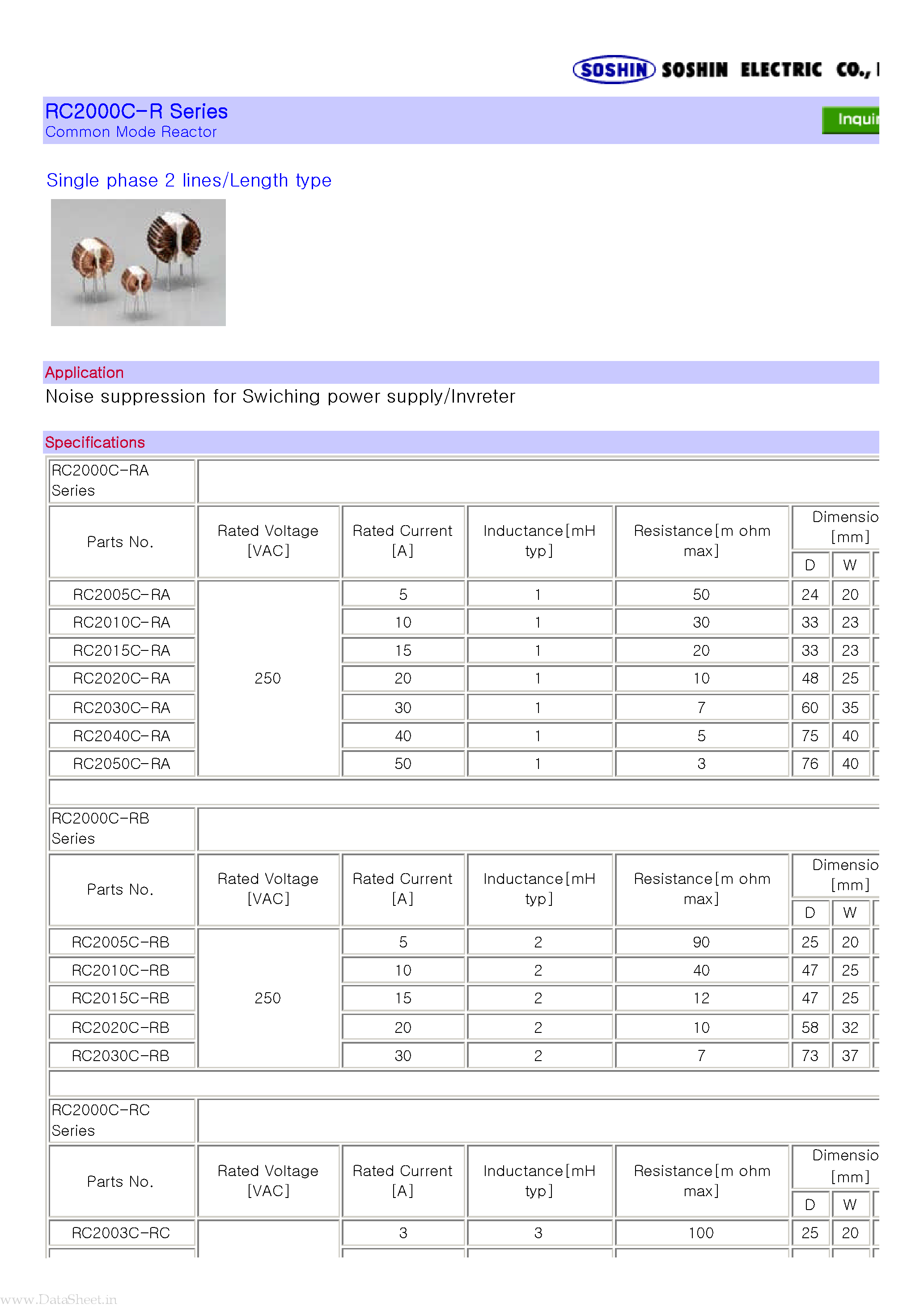 Datasheet RC2000C-R - Single phase 2 lines/Length type page 1