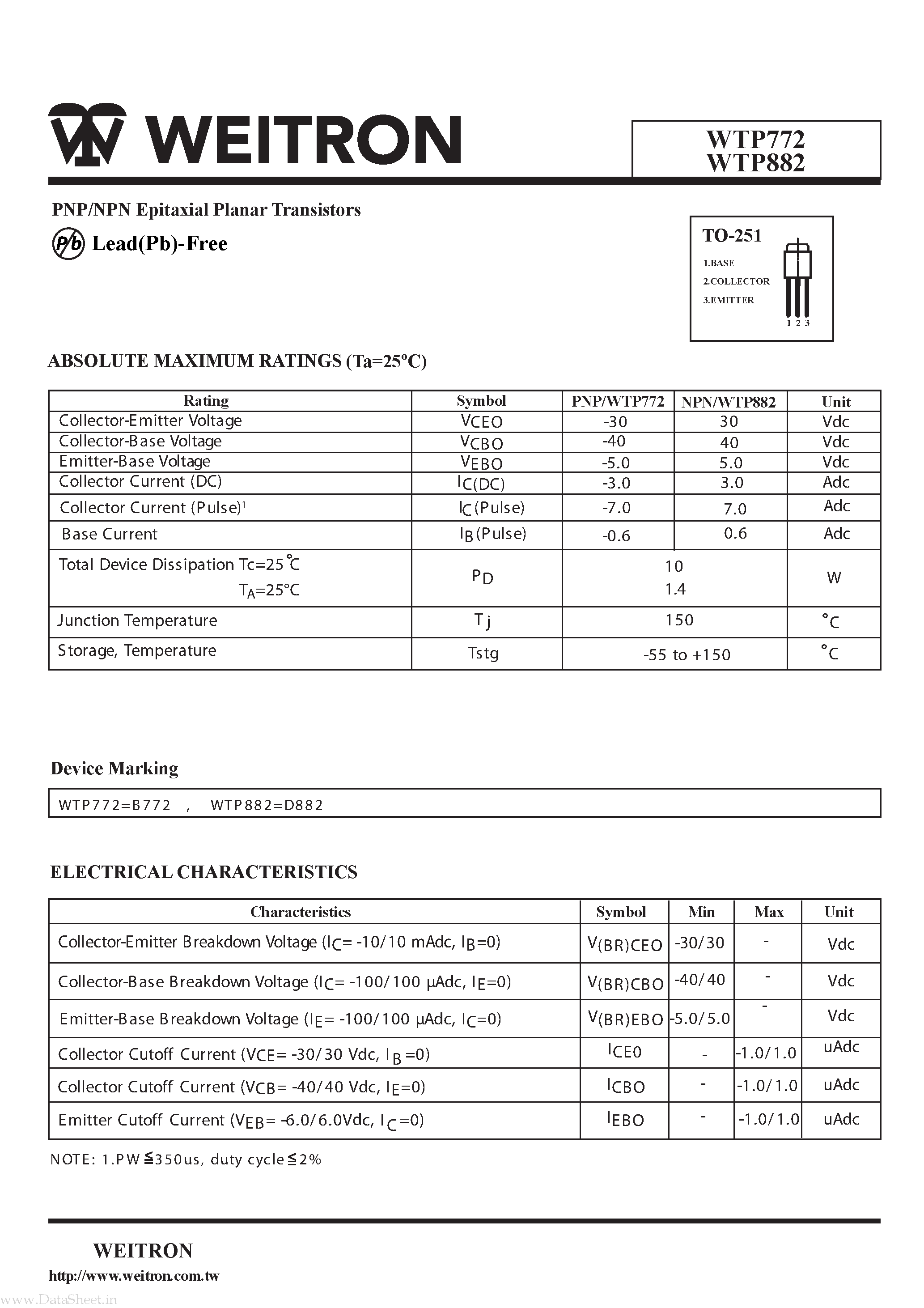 Даташит WTP882 - (WTP772 / WTP882) PNP/NPN Epitaxial Planar Transistors страница 1