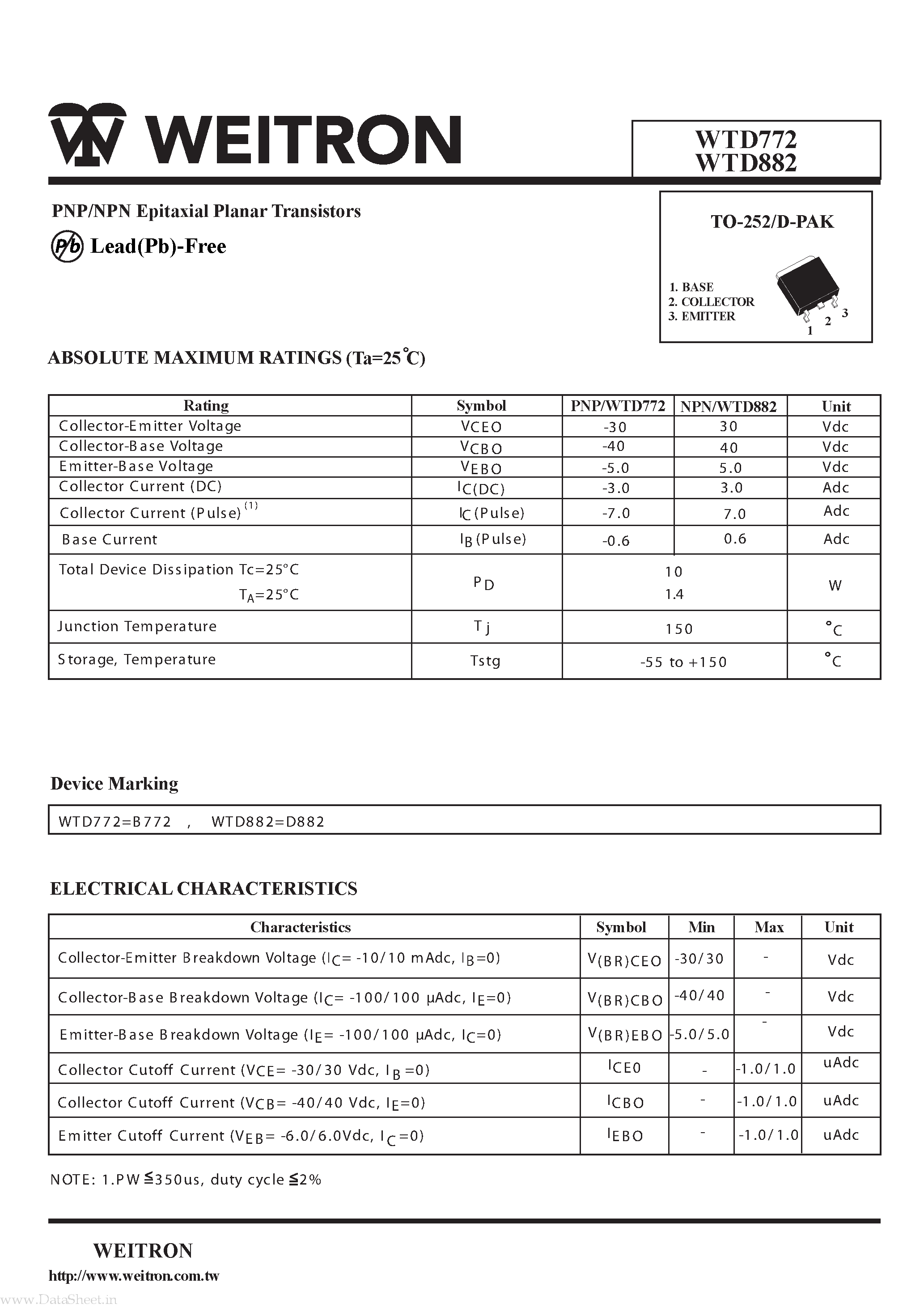 Даташит WTD772 - (WTD772 / WTD882) PNP/NPN Epitaxial Planar Transistors страница 1