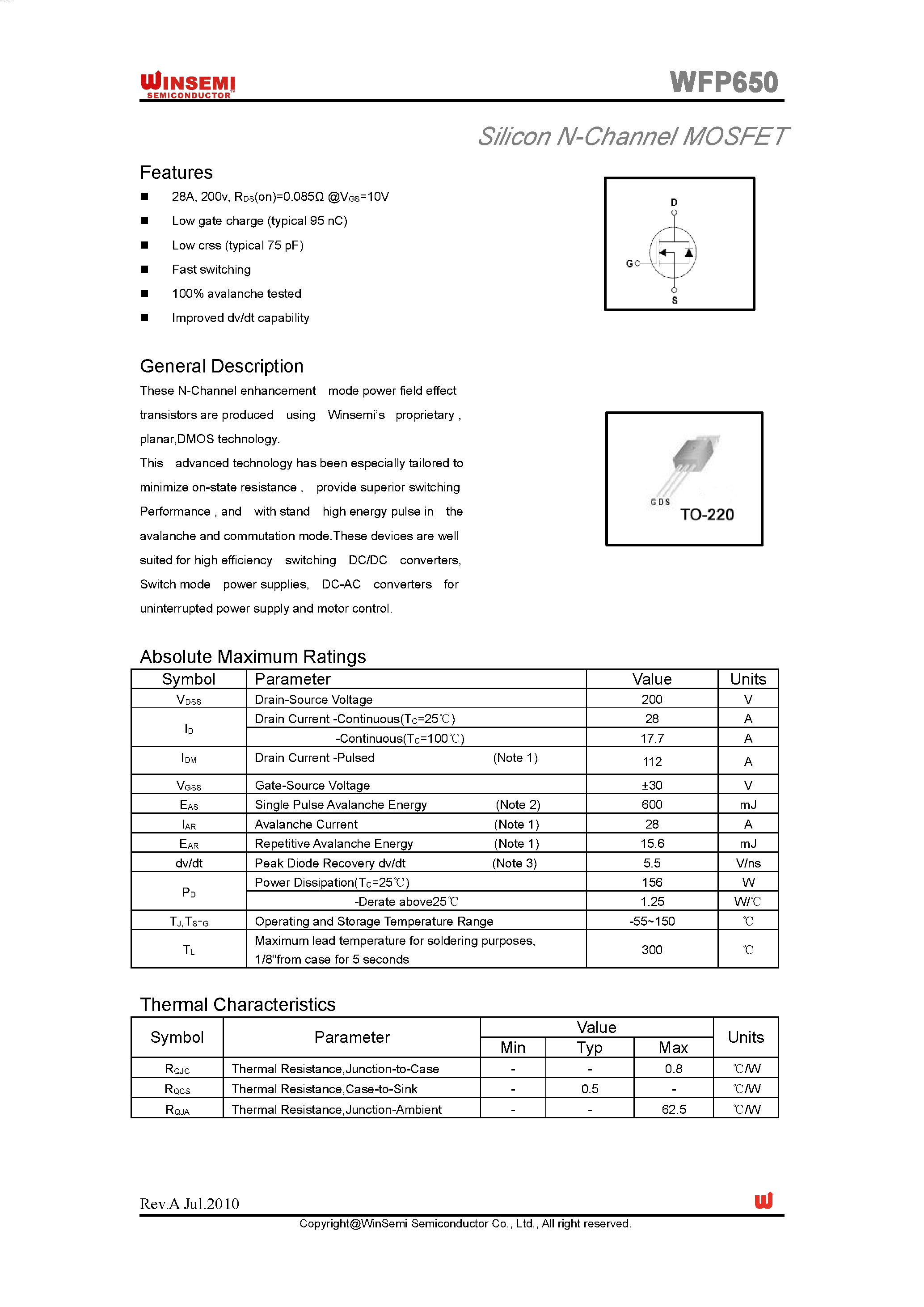 Даташит WFP650 - Silicon N-Channel MOSFET страница 1