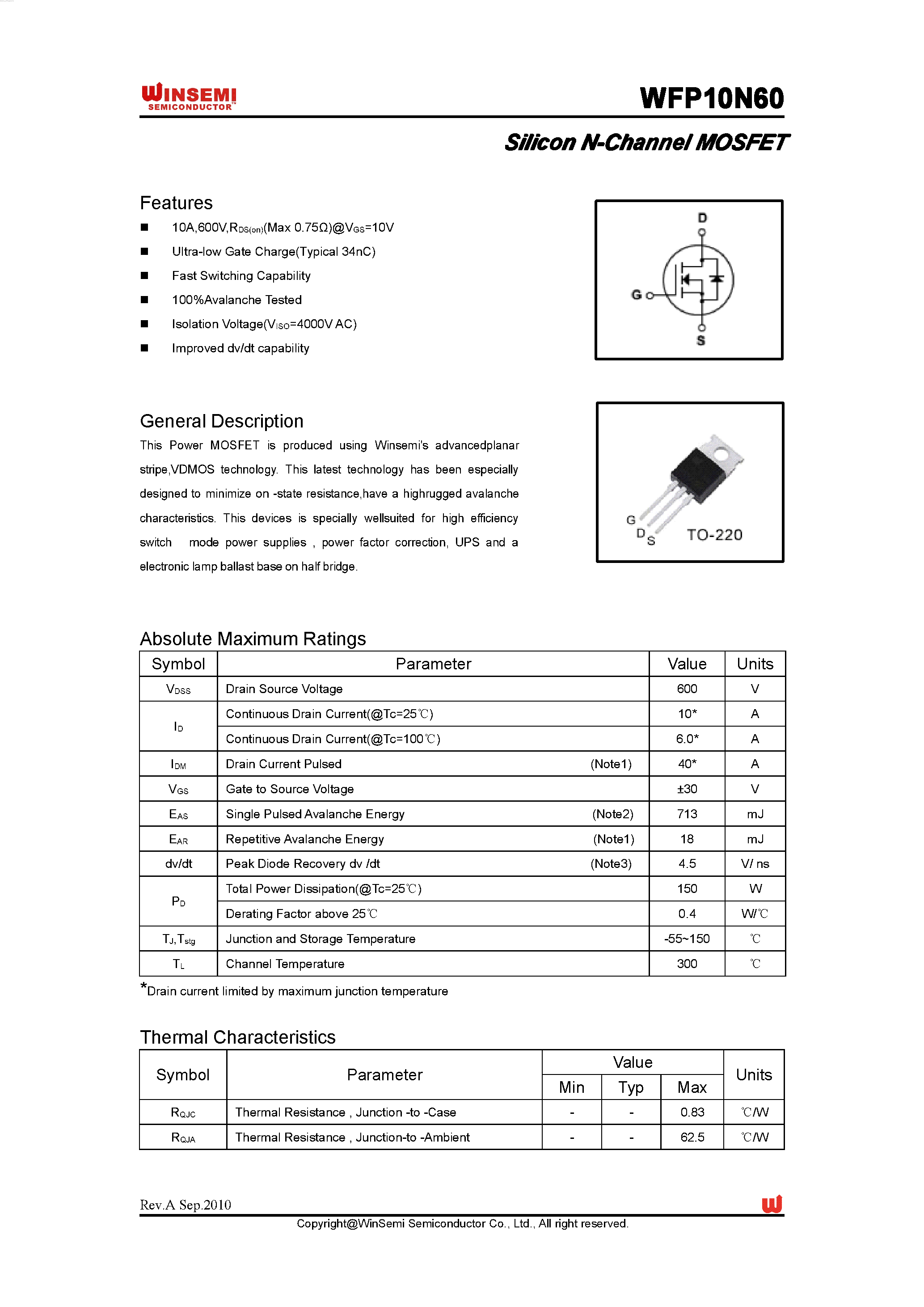 Даташит WFP10N60 - Silicon N-Channel MOSFET страница 1