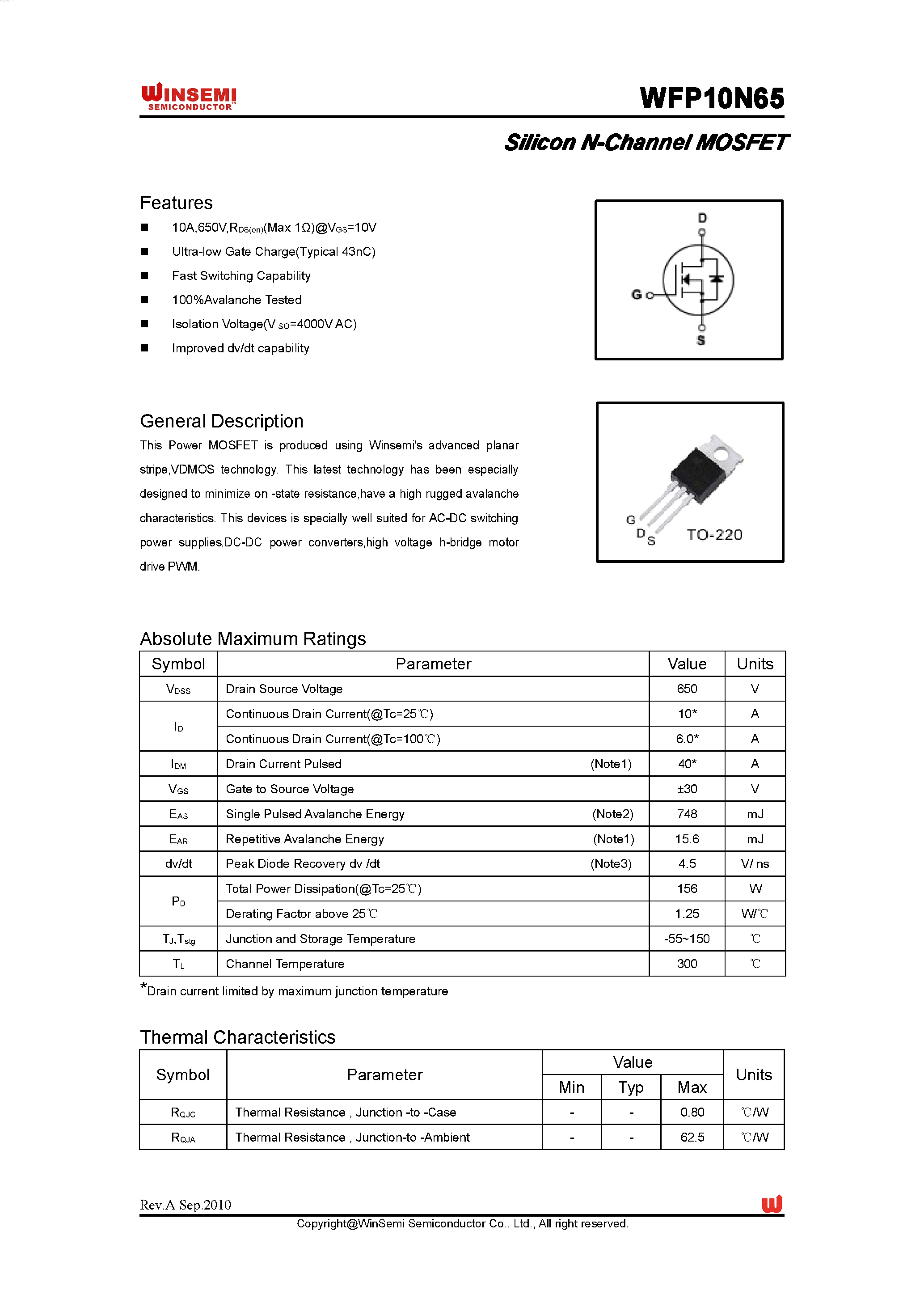 Даташит WFP10N65 - Silicon N-Channel MOSFET страница 1