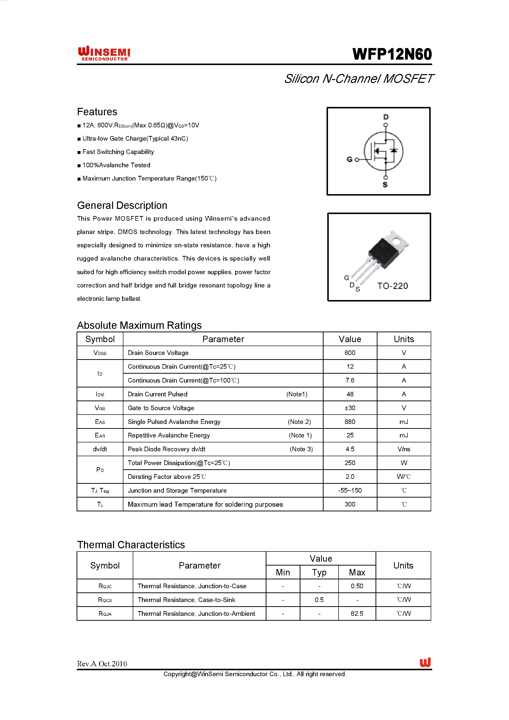 Даташит WFP12N60 - Silicon N-Channel MOSFET страница 1