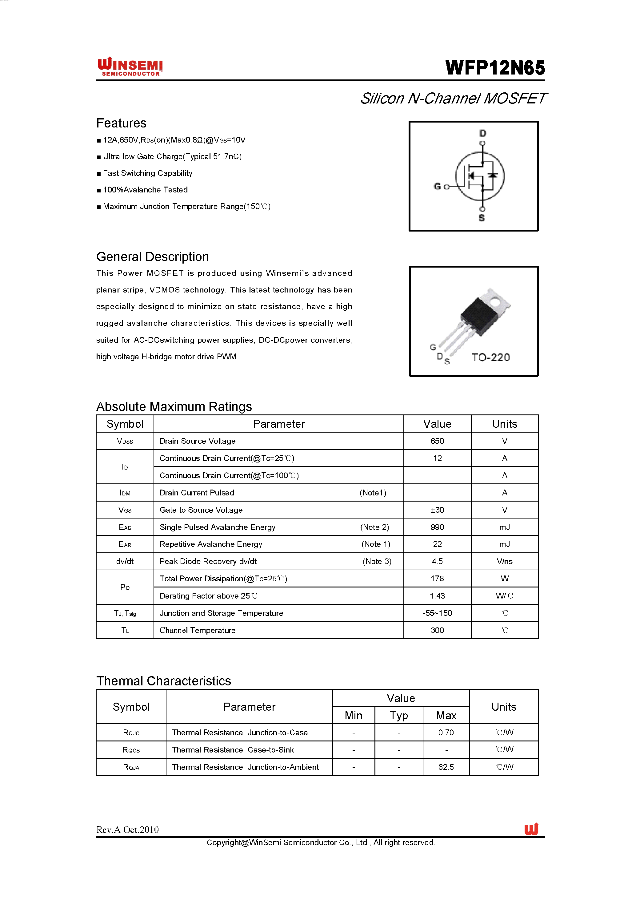 Даташит WFP12N65 - Silicon N-Channel MOSFET страница 1