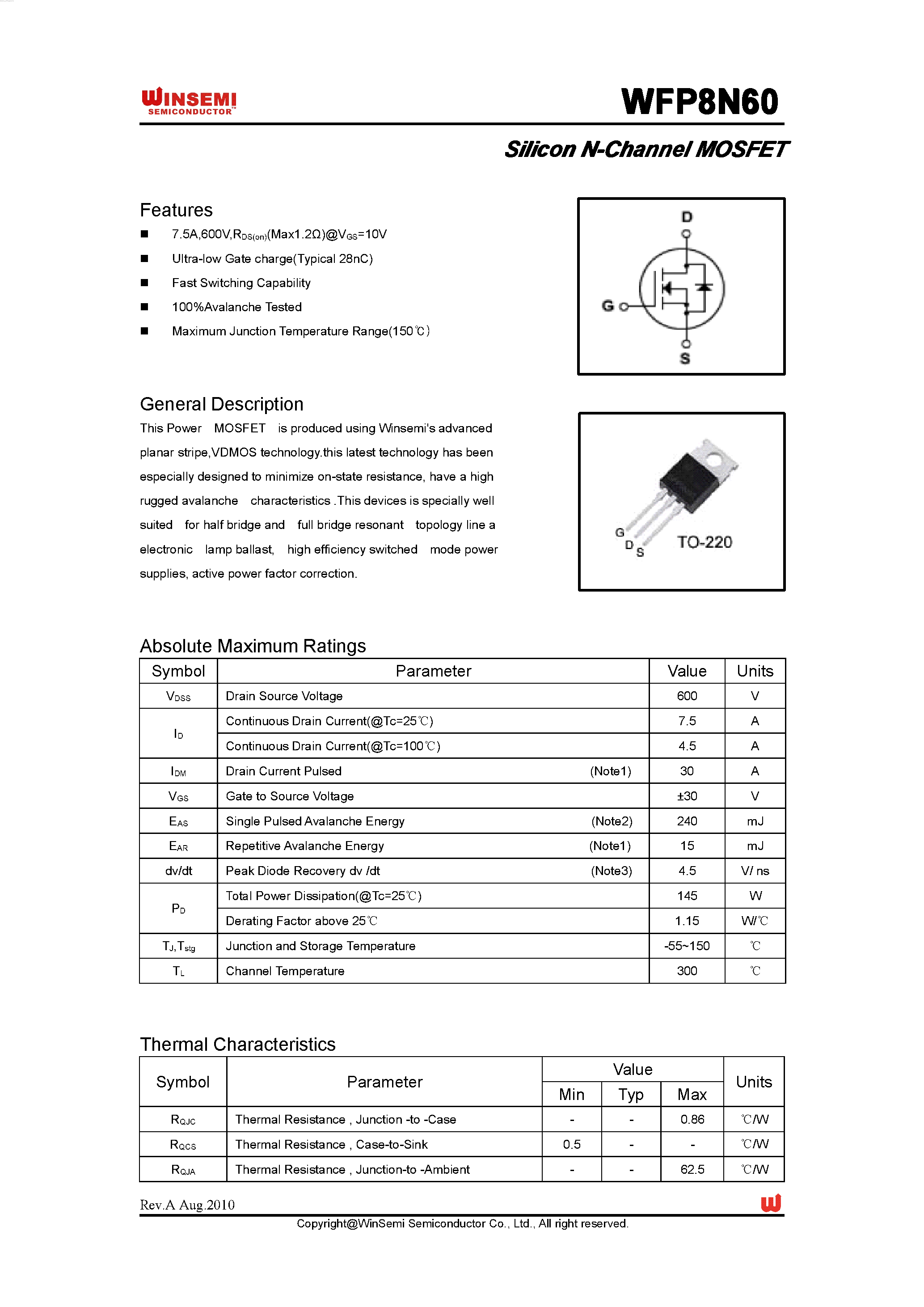 Даташит WFP8N60 - Silicon N-Channel MOSFET страница 1