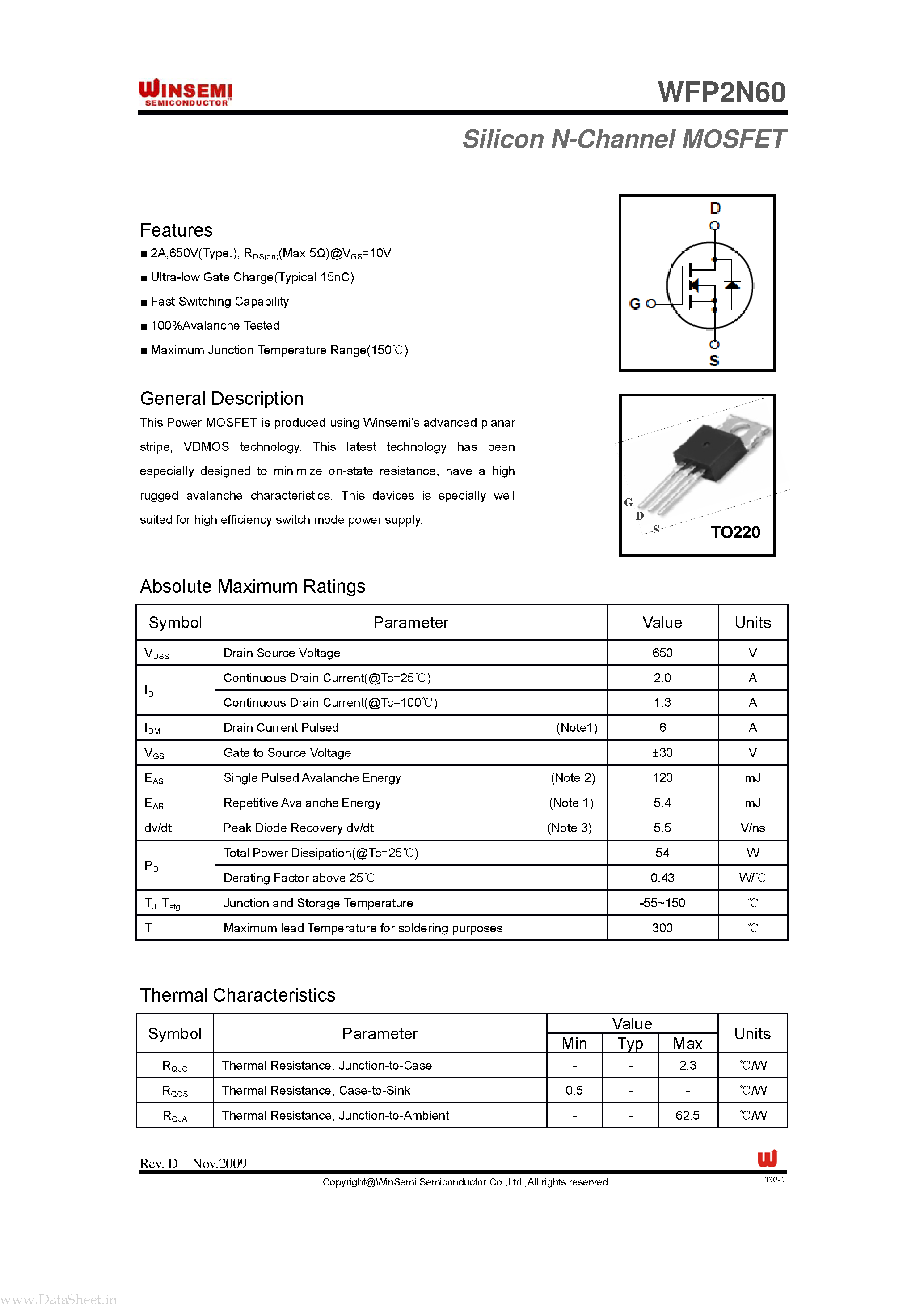 Даташит WFP2N60 - Silicon N-Channel MOSFET страница 1