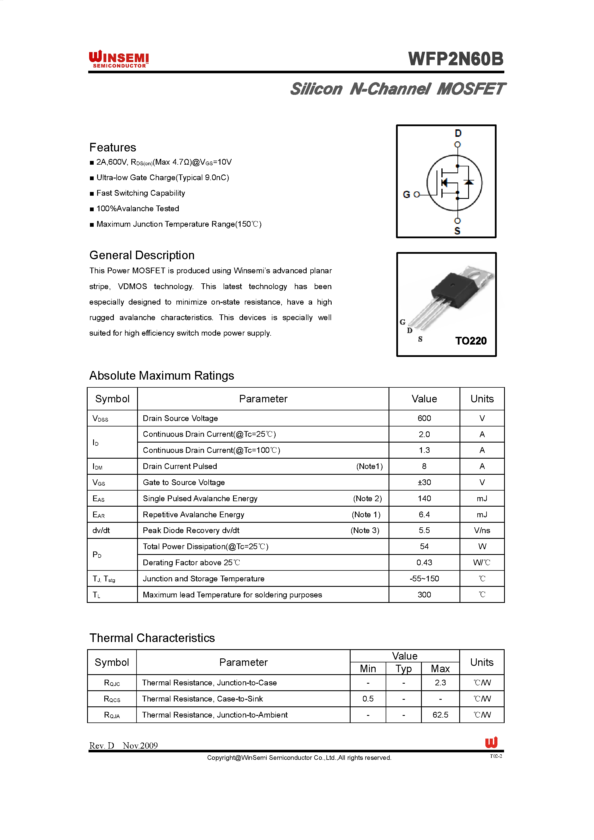 Даташит WFP2N60B - Silicon N-Channel MOSFET страница 1