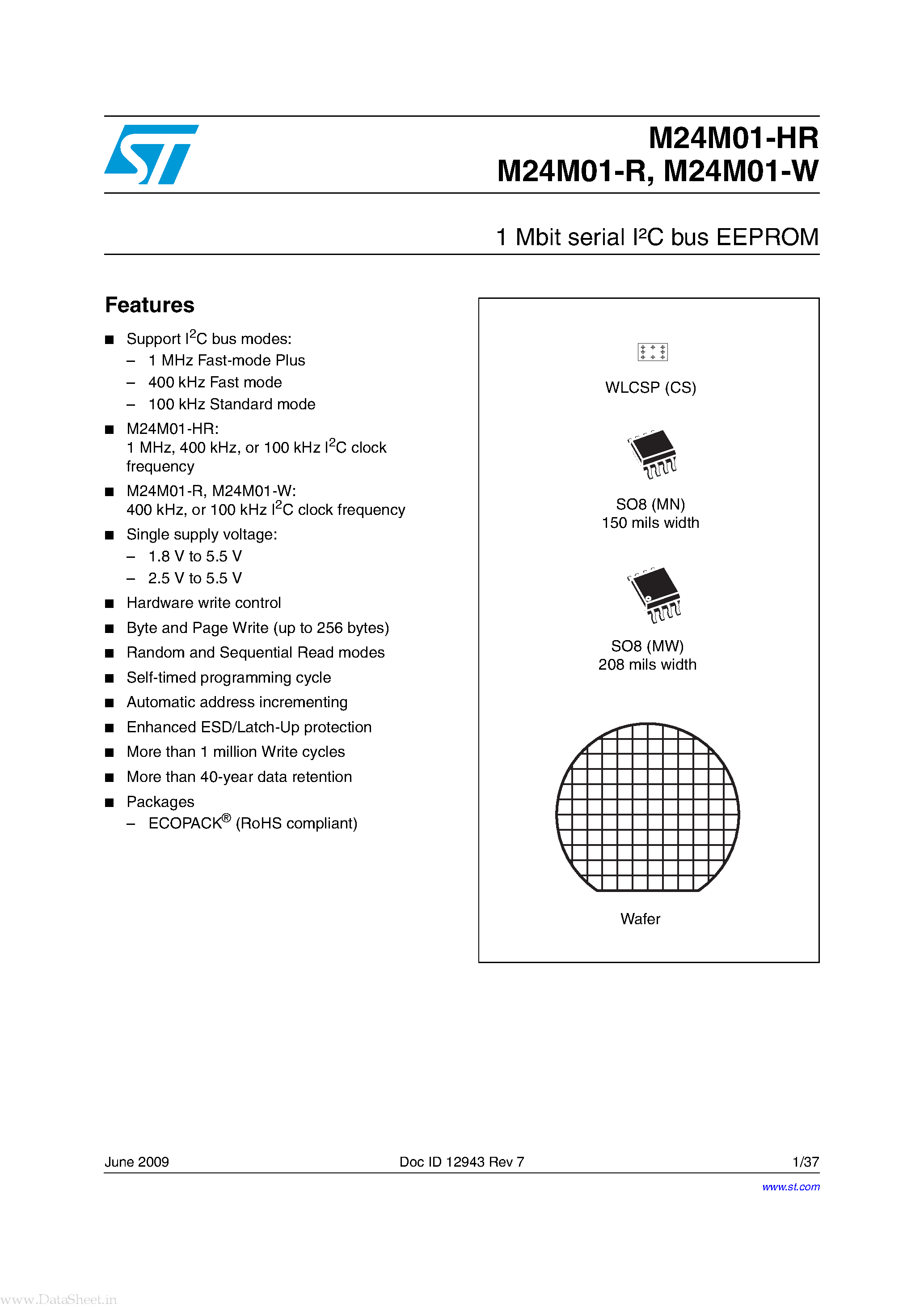 Datasheet M24M01-HR - 1 Mbit serial I2C bus EEPROM page 1