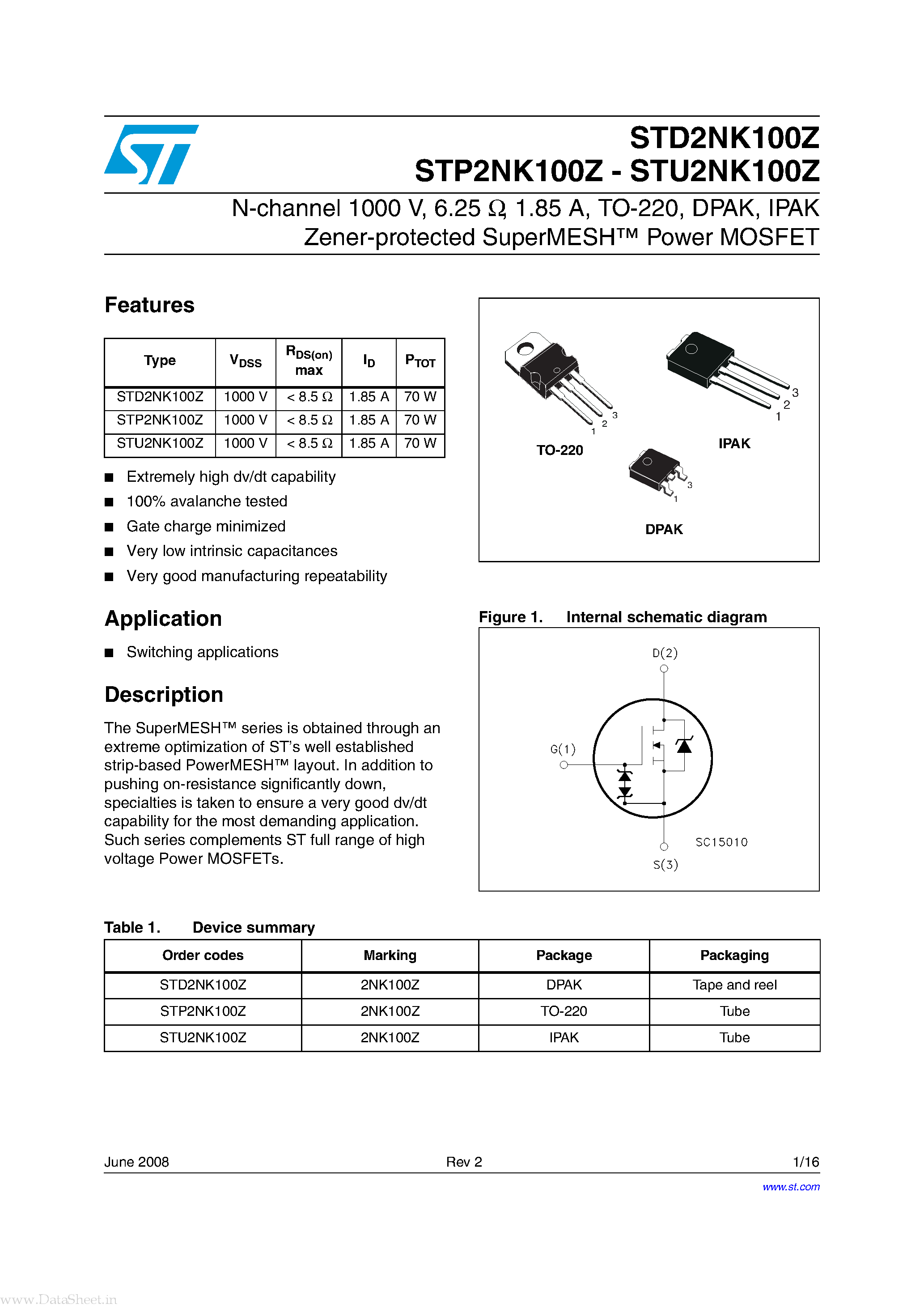 Даташит STP2NK100Z - N-channel Power MOSFET страница 1