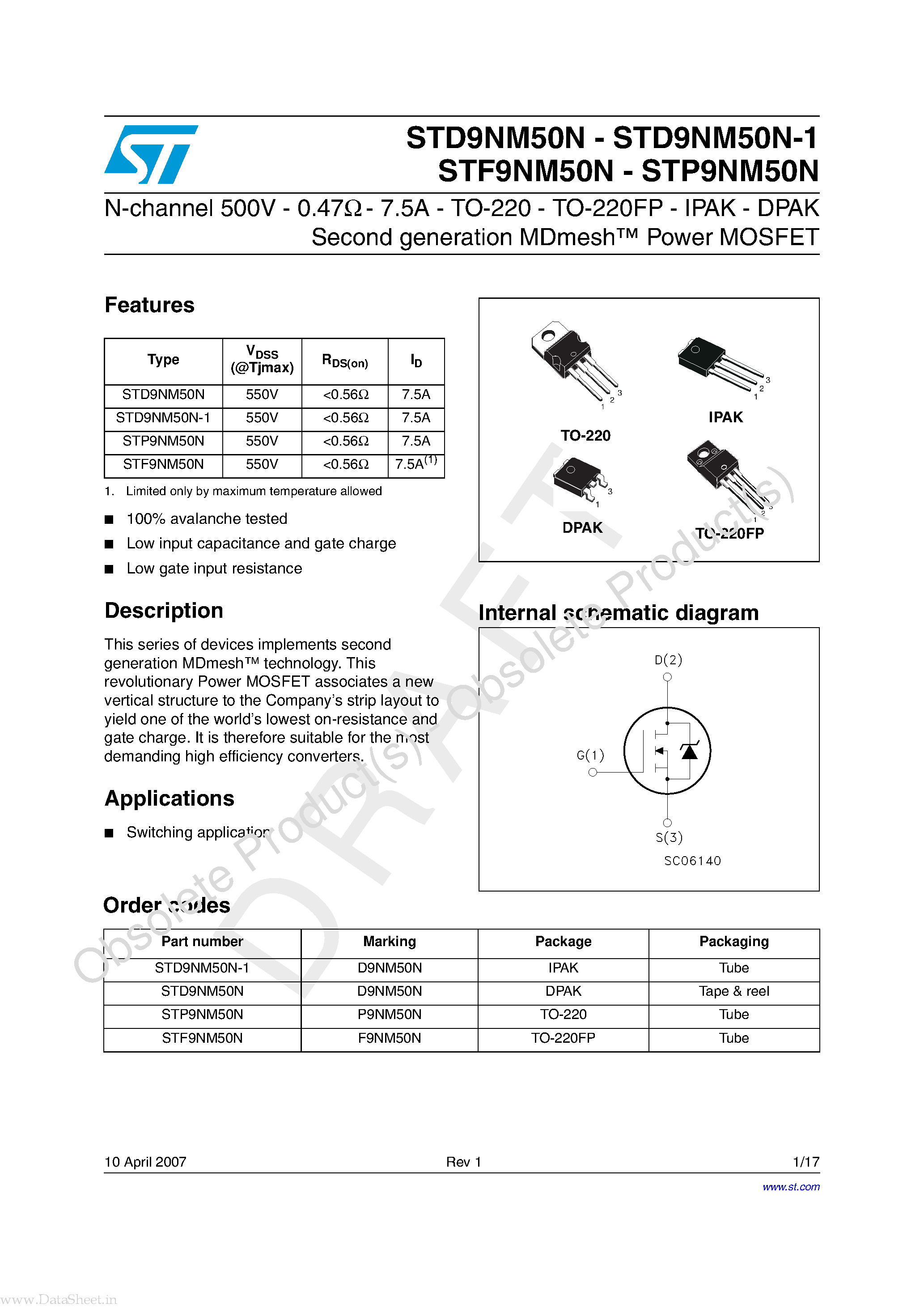 Даташит STD9NM50N - N-channel Power MOSFET страница 1