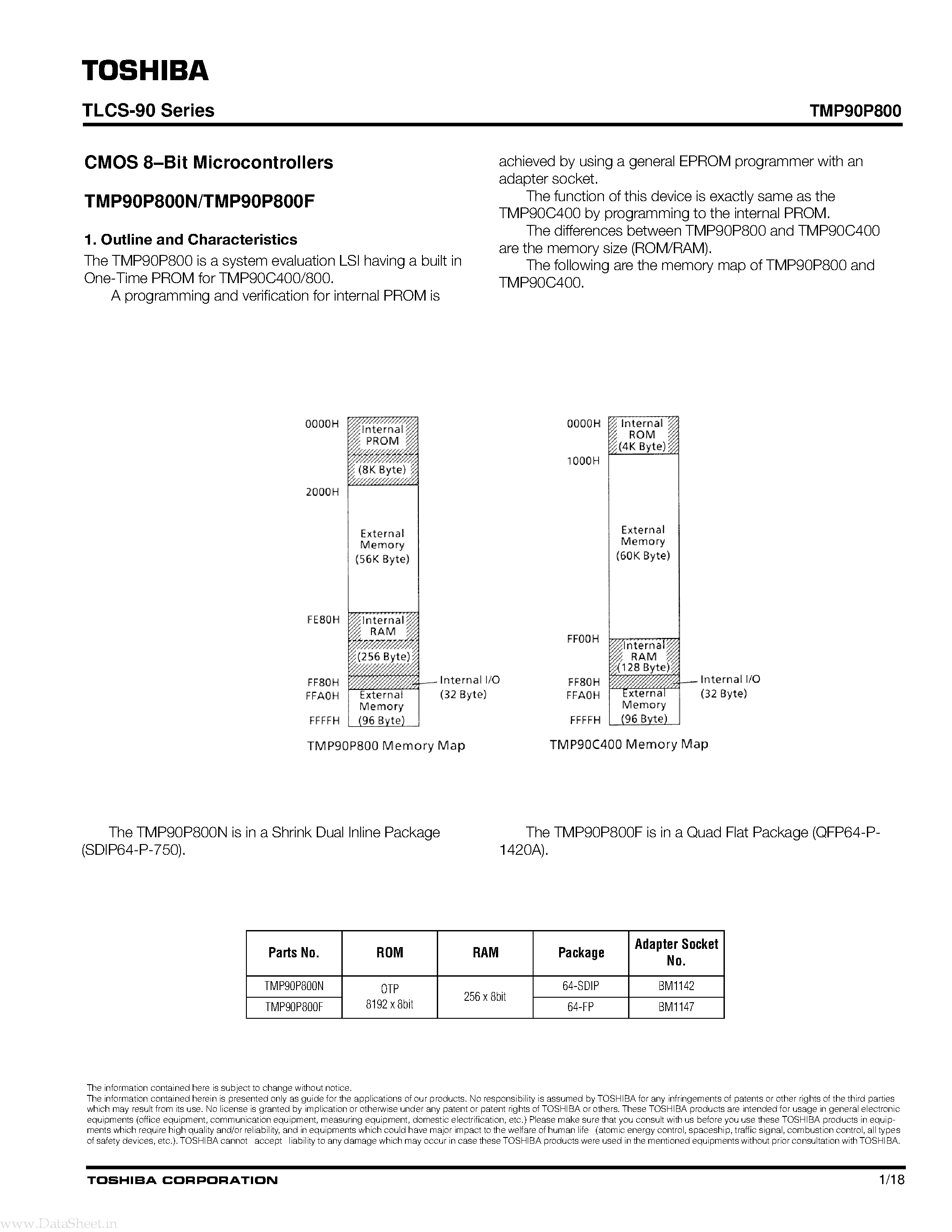 Даташит TMP90P800 - CMOS 8-bit Microcontrollers страница 1