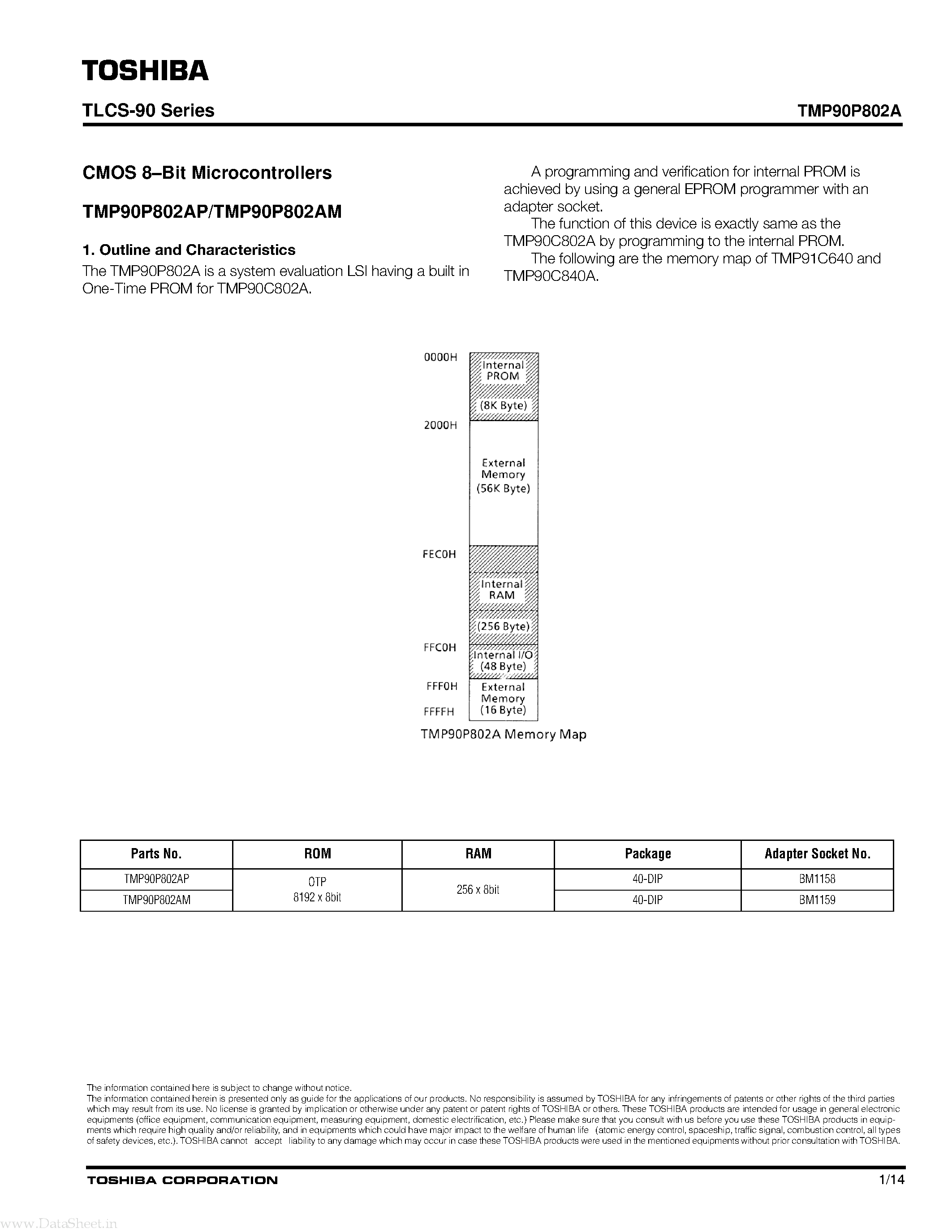 Даташит TMP90P802A - CMOS 8-bit Microcontrollers страница 1