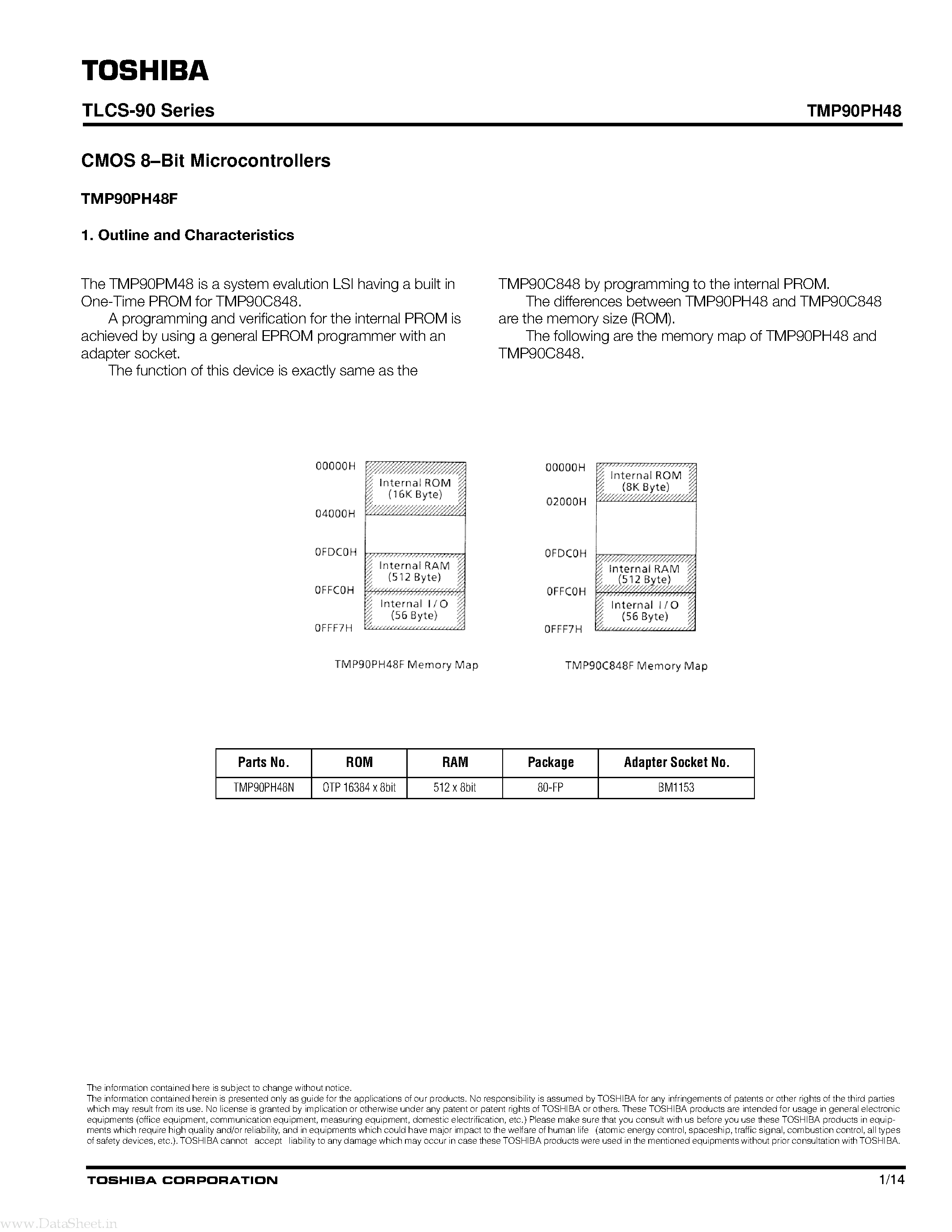 Даташит TMP90PH48 - CMOS 8-Bit Microcontrollers страница 1