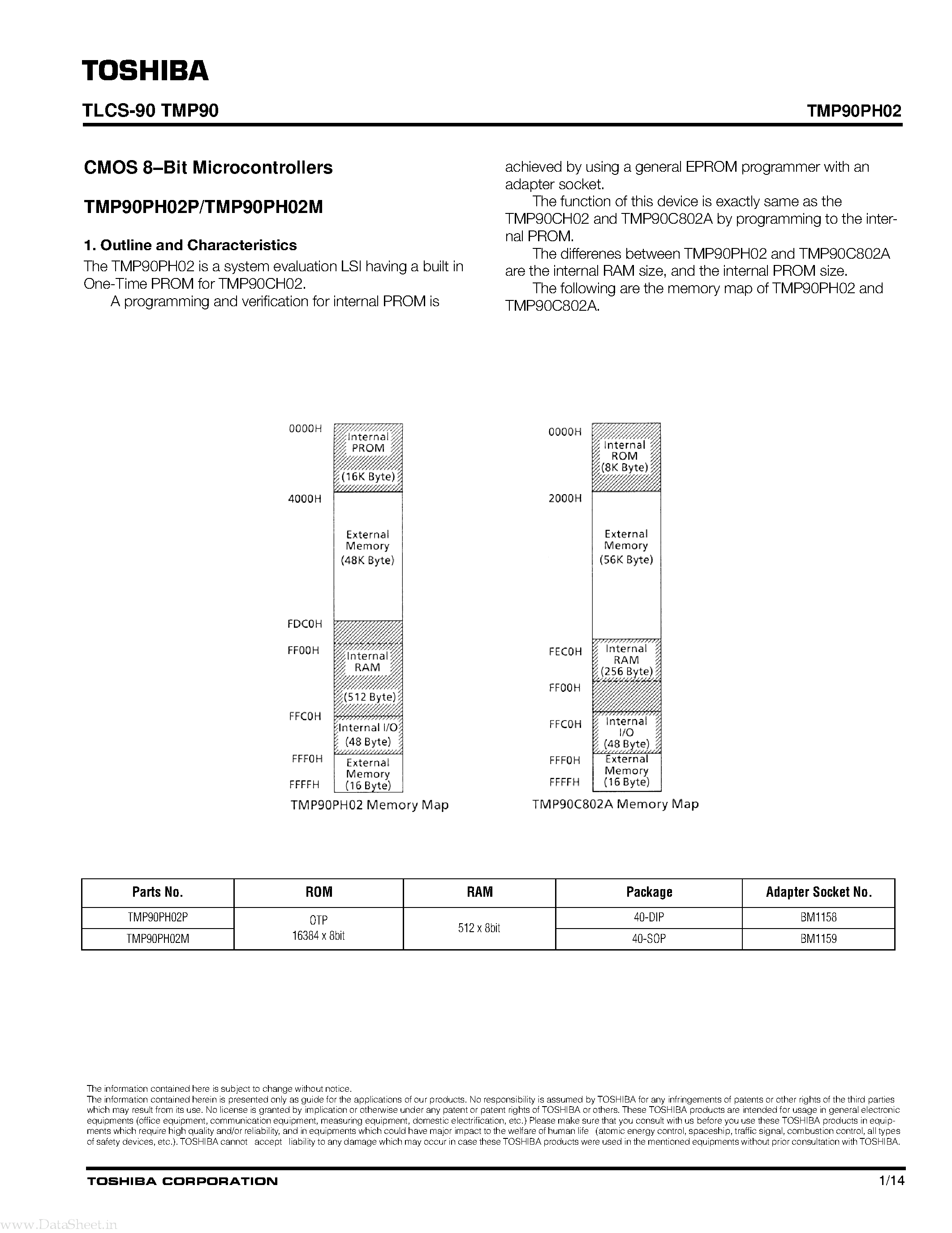 Даташит TMP90PH02 - CMOS 8-bit Microcontrollers страница 1