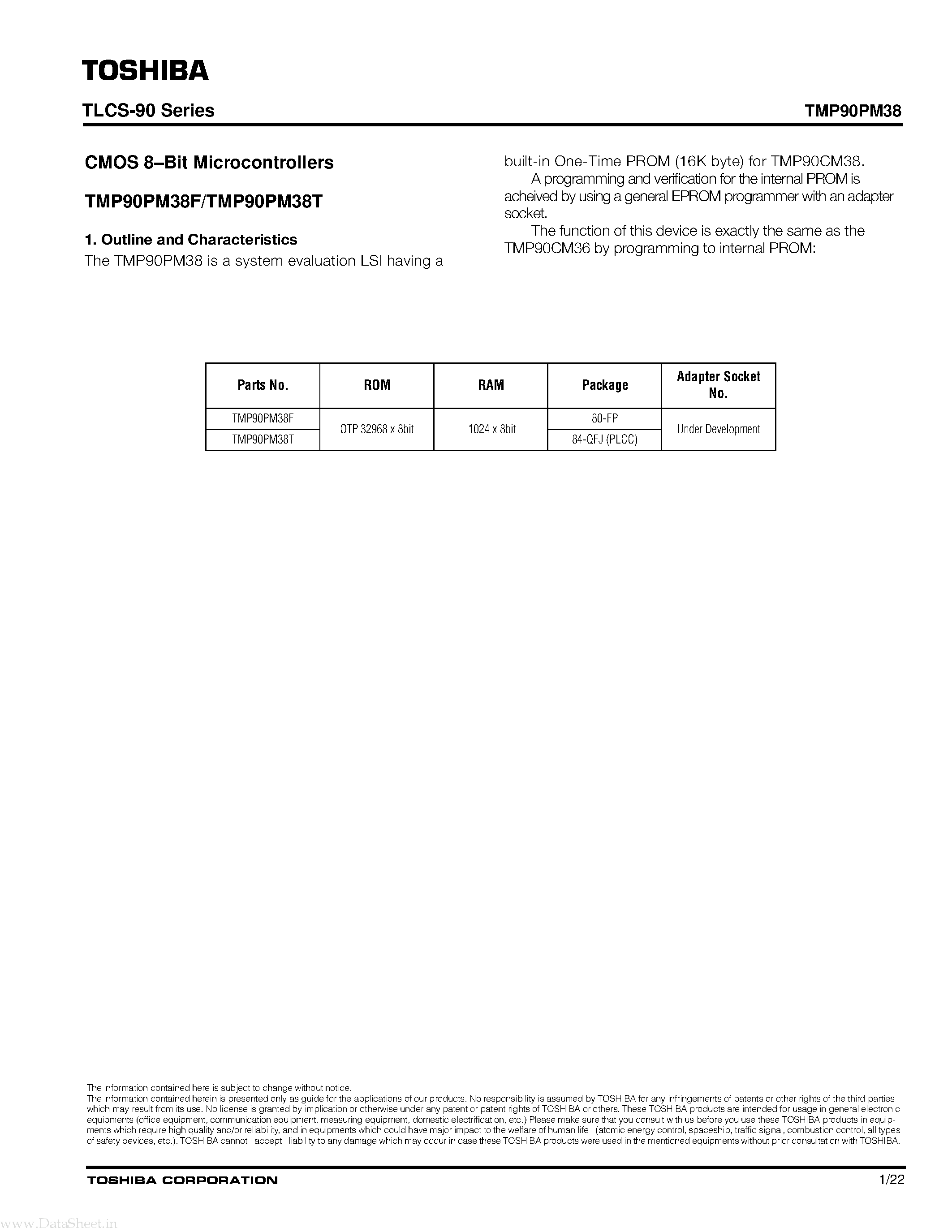 Даташит TMP90PM38 - CMOS 8-bit Microcontrollers страница 1