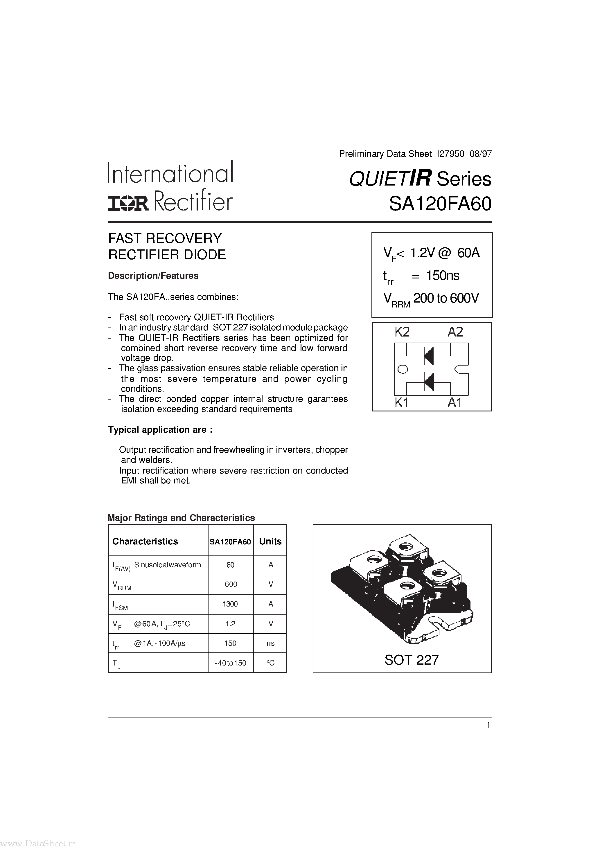 Datasheet SA120FA60 - FAST RECOVERY RECTIFIER DIODE page 1