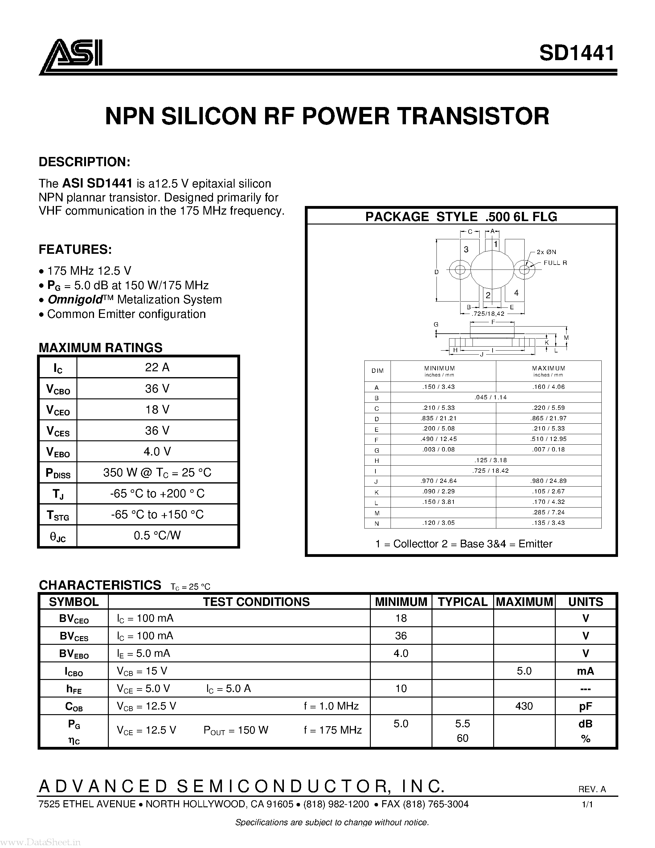 Datasheet SD1441 - NPN SILICON RF POWER TRANSISTOR page 1