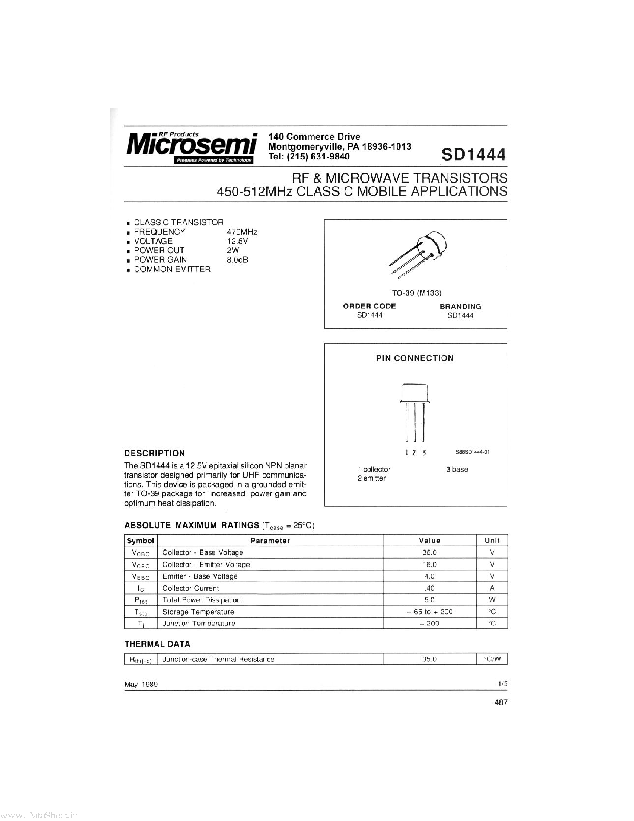 Даташит SD1444 - RF & MICROWAVE TRANSISTORS страница 1