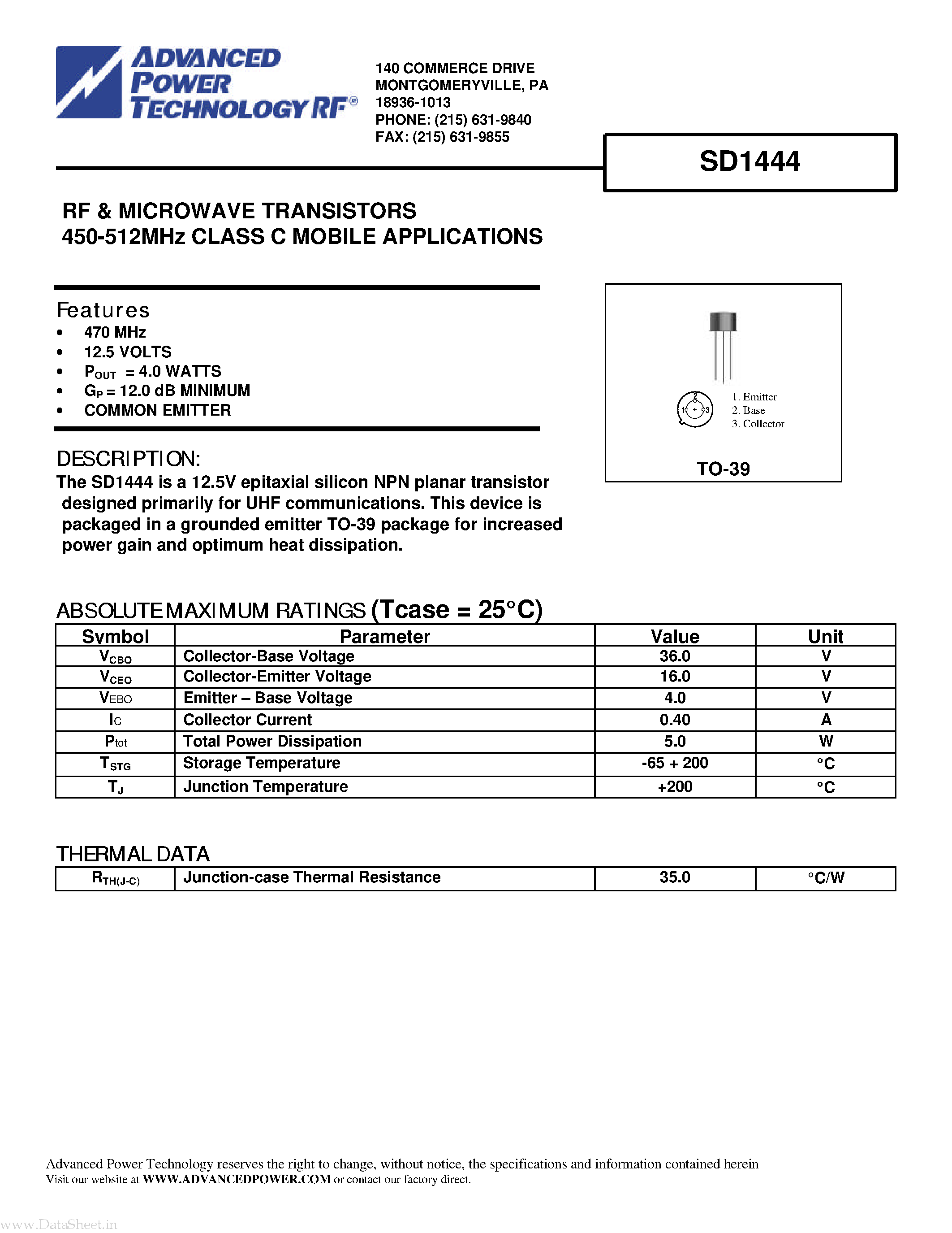 Даташит SD1444 - RF & MICROWAVE TRANSISTORS страница 1