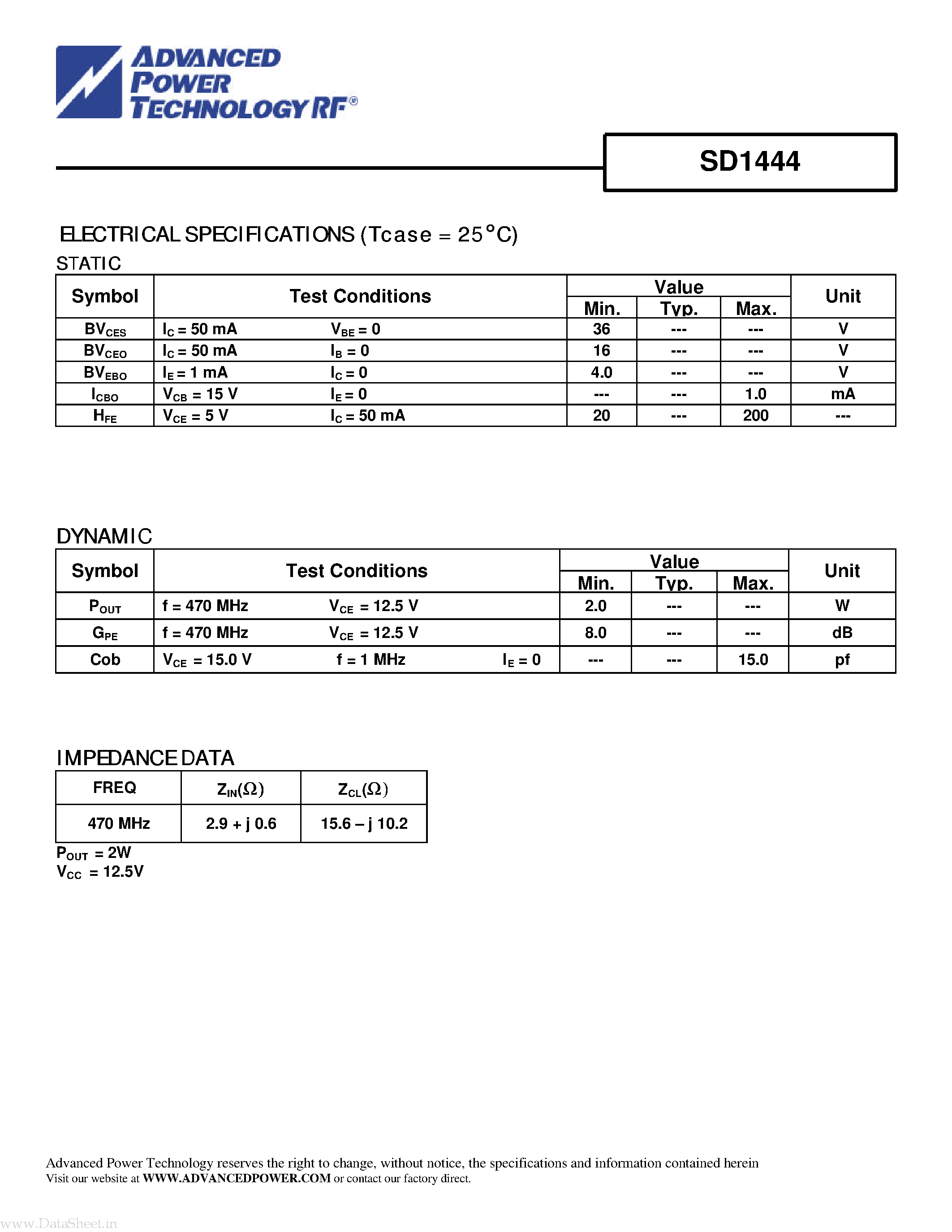 Даташит SD1444 - RF & MICROWAVE TRANSISTORS страница 2