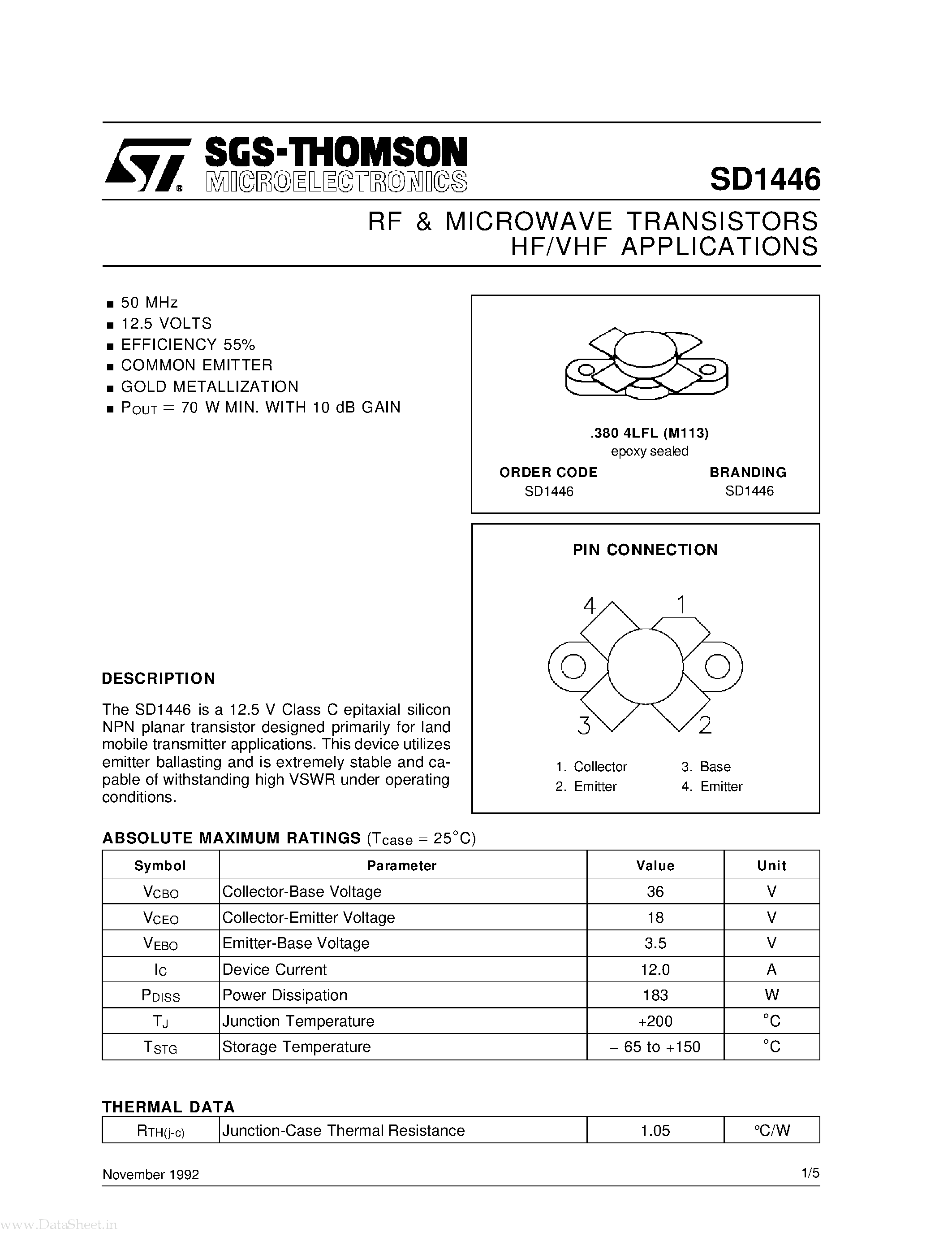 Даташит SD1446 - RF & MICROWAVE TRANSISTORS страница 1