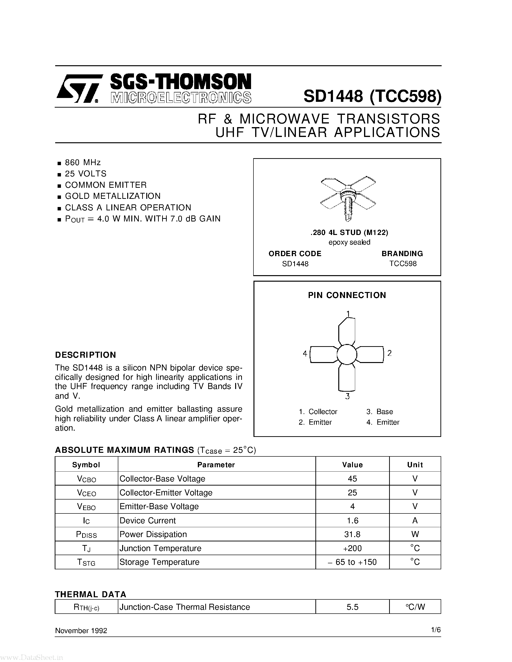 Datasheet SD1448 - RF & MICROWAVE TRANSISTORS page 1