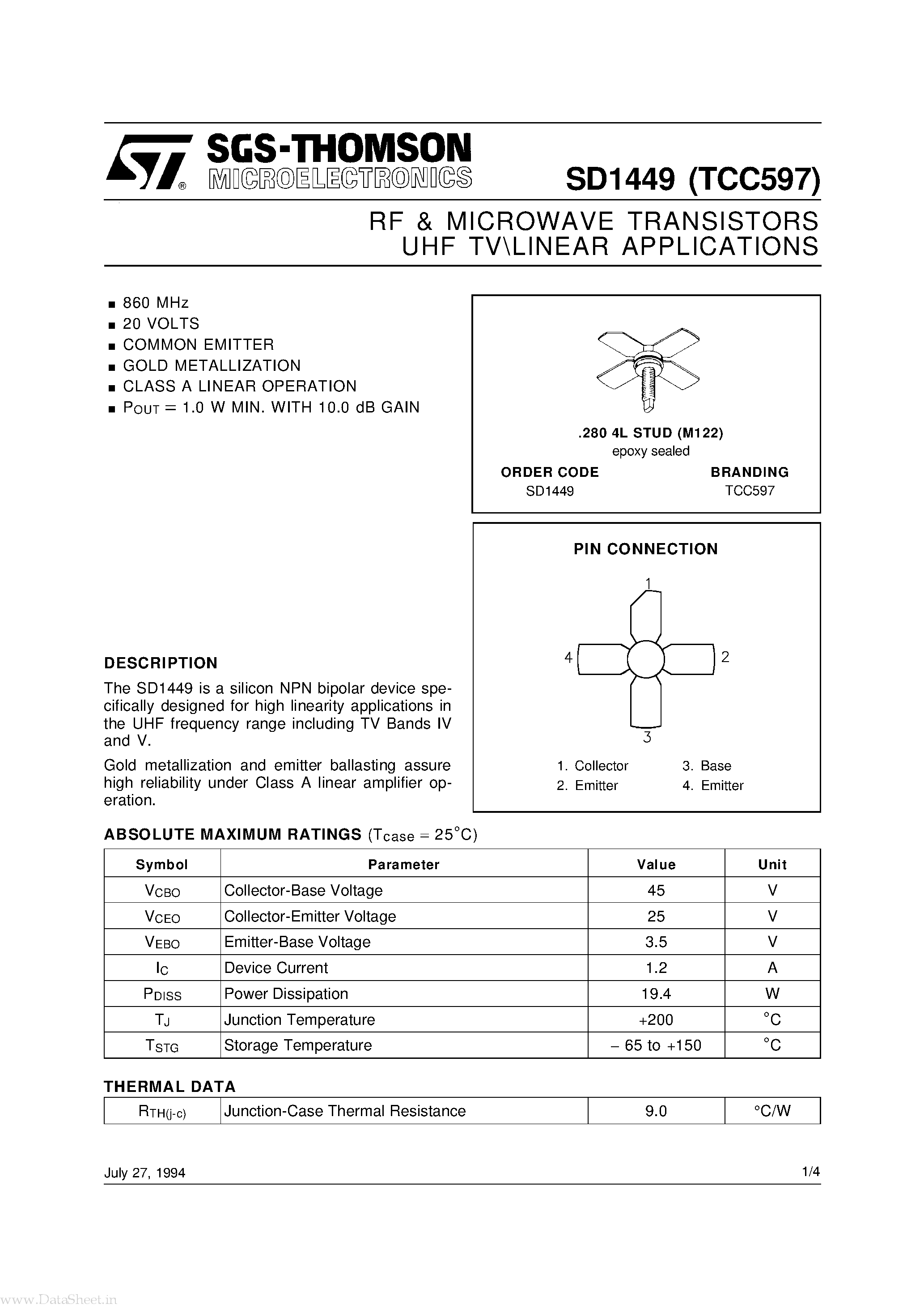 Даташит SD1449 - RF & MICROWAVE TRANSISTORS страница 1