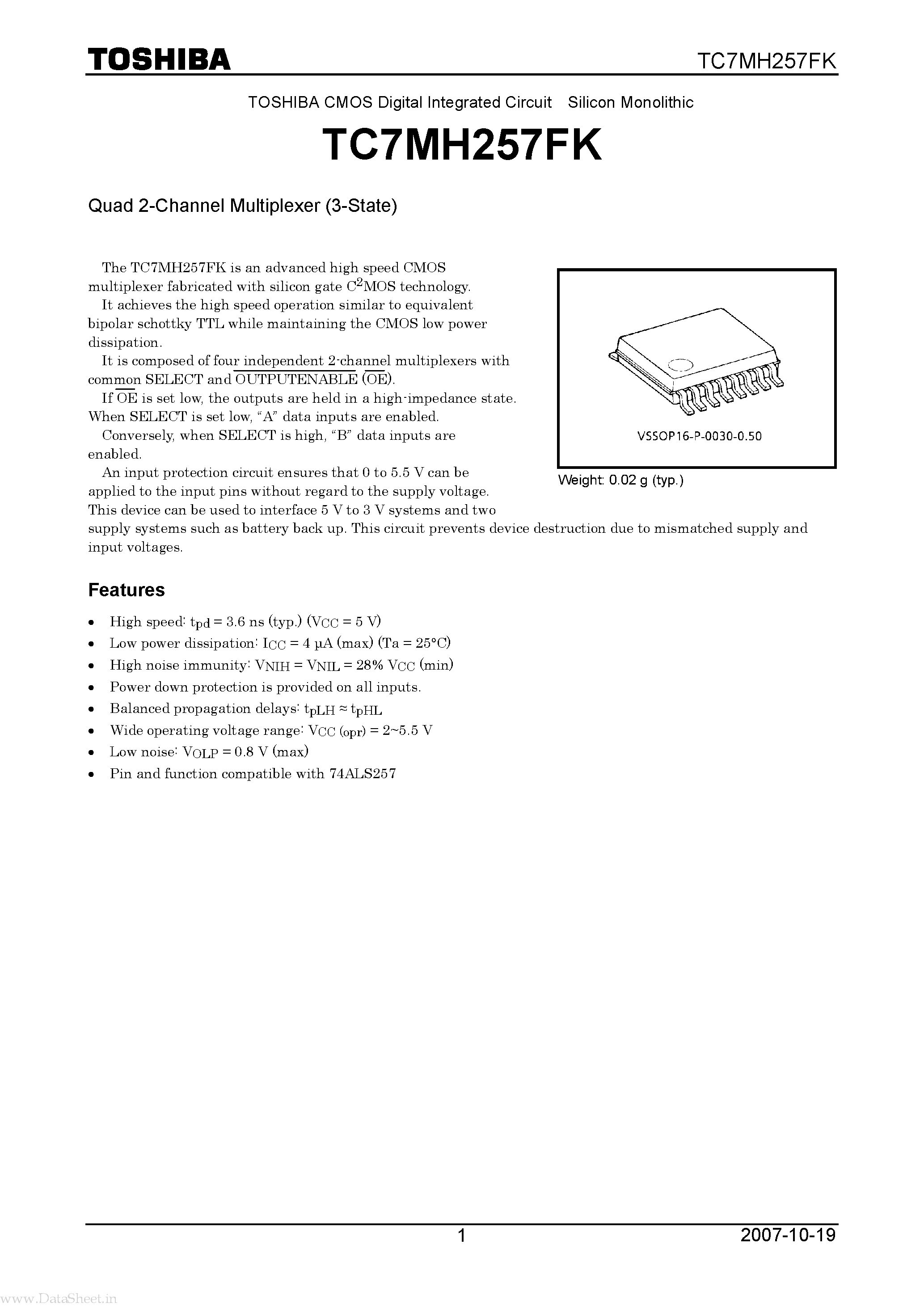 Даташит TC7MH257FK - Quad 2-Channel Multiplexer страница 1