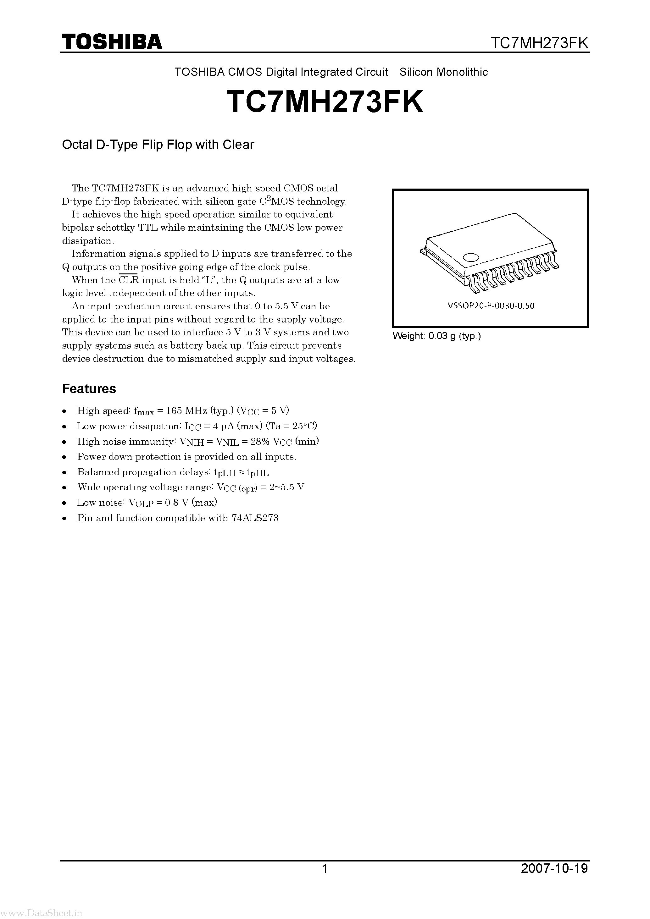 Datasheet TC7MH273FK - Octal D-Type Flip Flop page 1