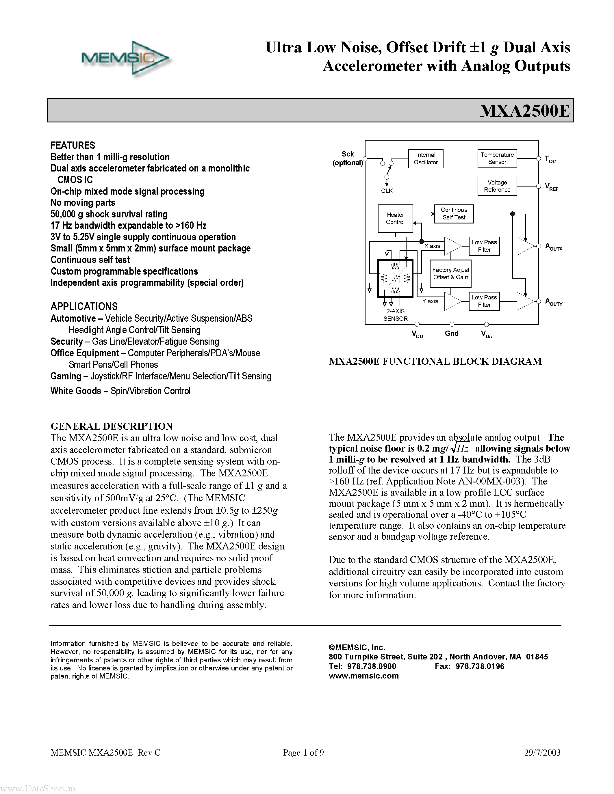 Datasheet MXA2500E - Offset Drift 1 g Dual Axis Accelerometer page 1