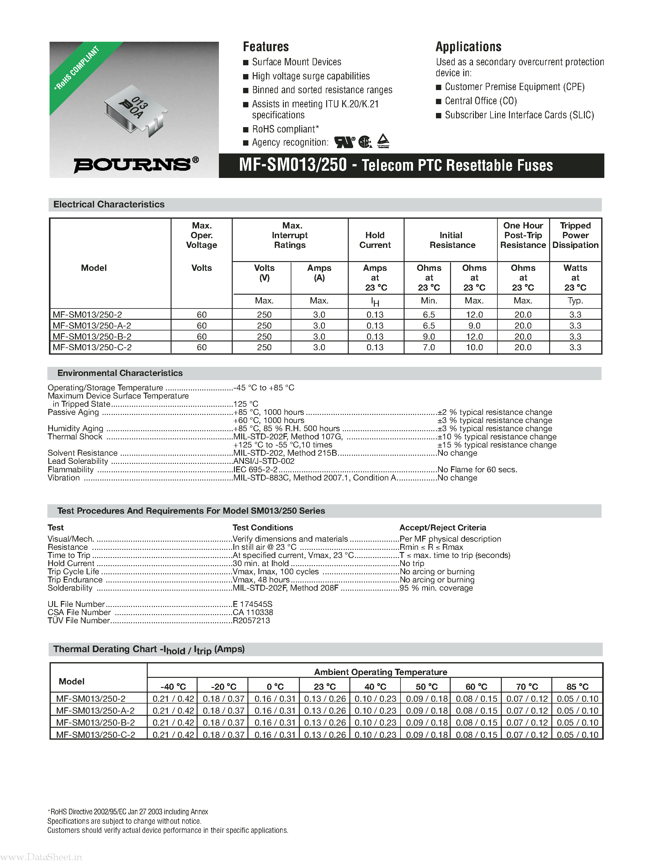 Datasheet MF-SM013 - Telecom PTC Resettable Fuses page 1