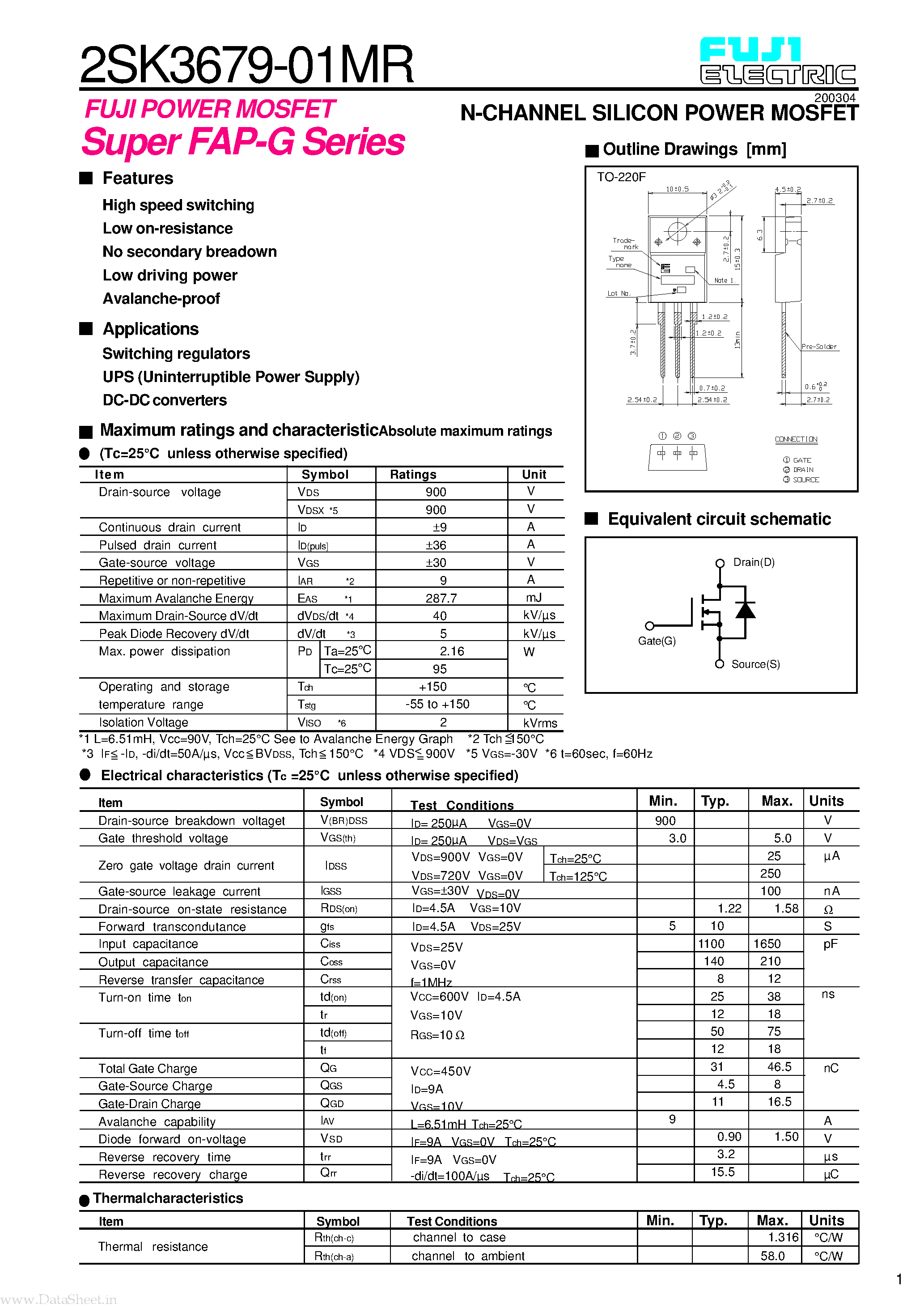 Datasheet K3679-01MR - Search -----> 2SK3679-01MR page 1