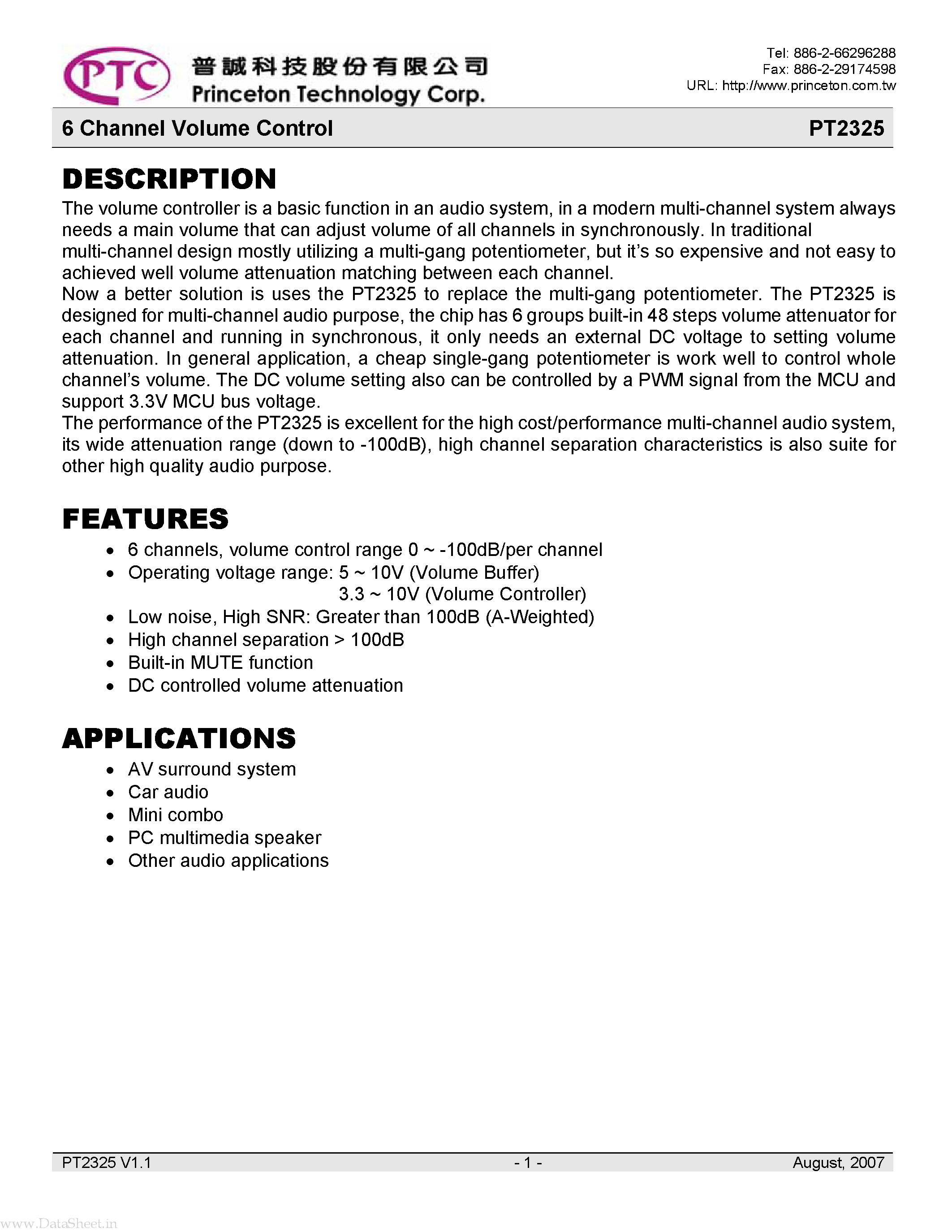 Даташит PT2325 - 6 Channel Volume Control страница 1