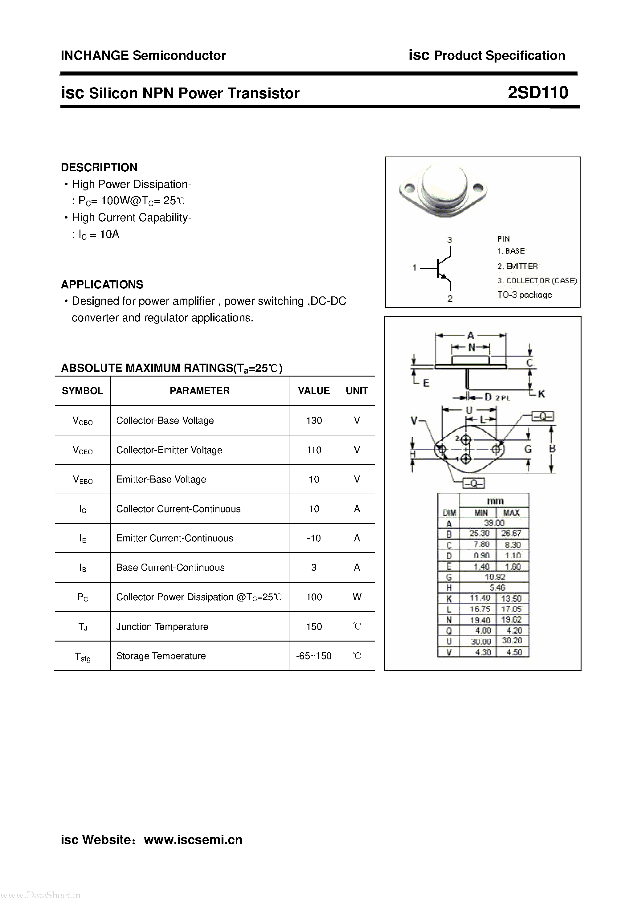 Datasheet 2SD110 - Silicon NPN Power Transistor page 1